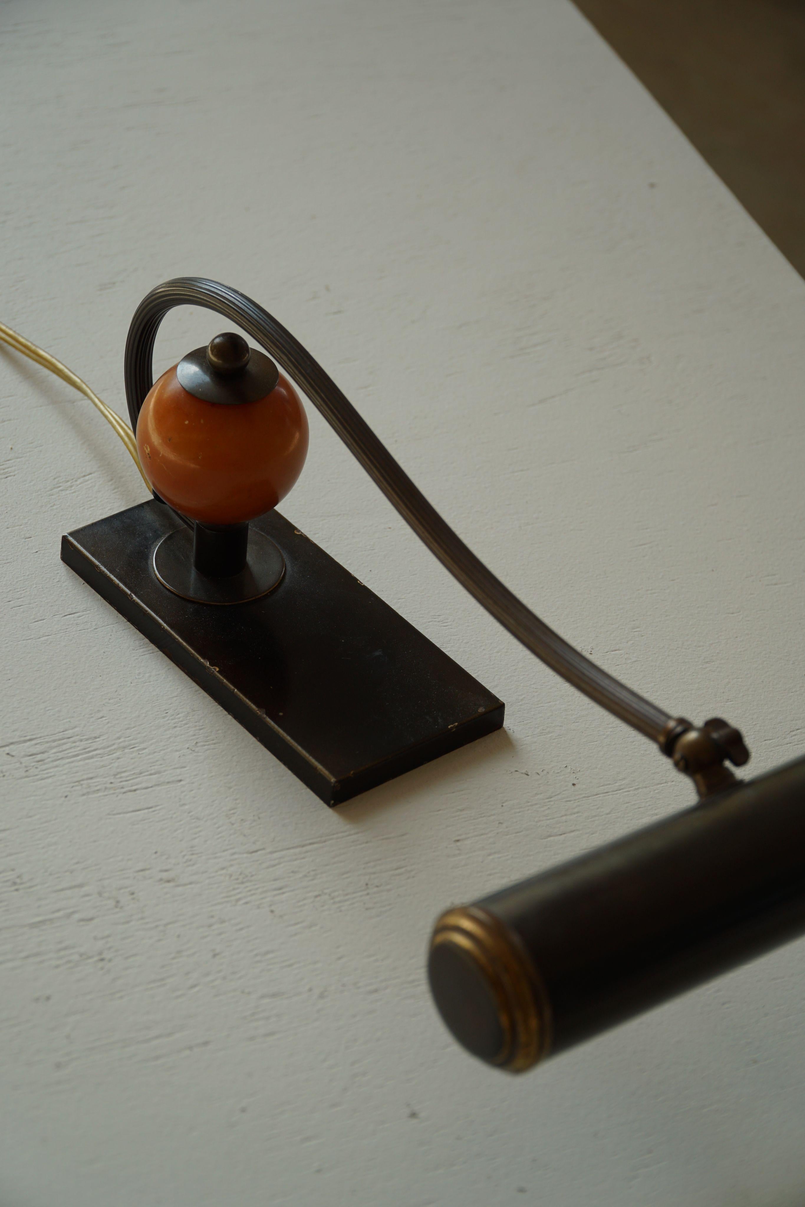 Scandinavian Art Deco Brass Piano Lamp with Wooden Orb, 1930s For Sale 9
