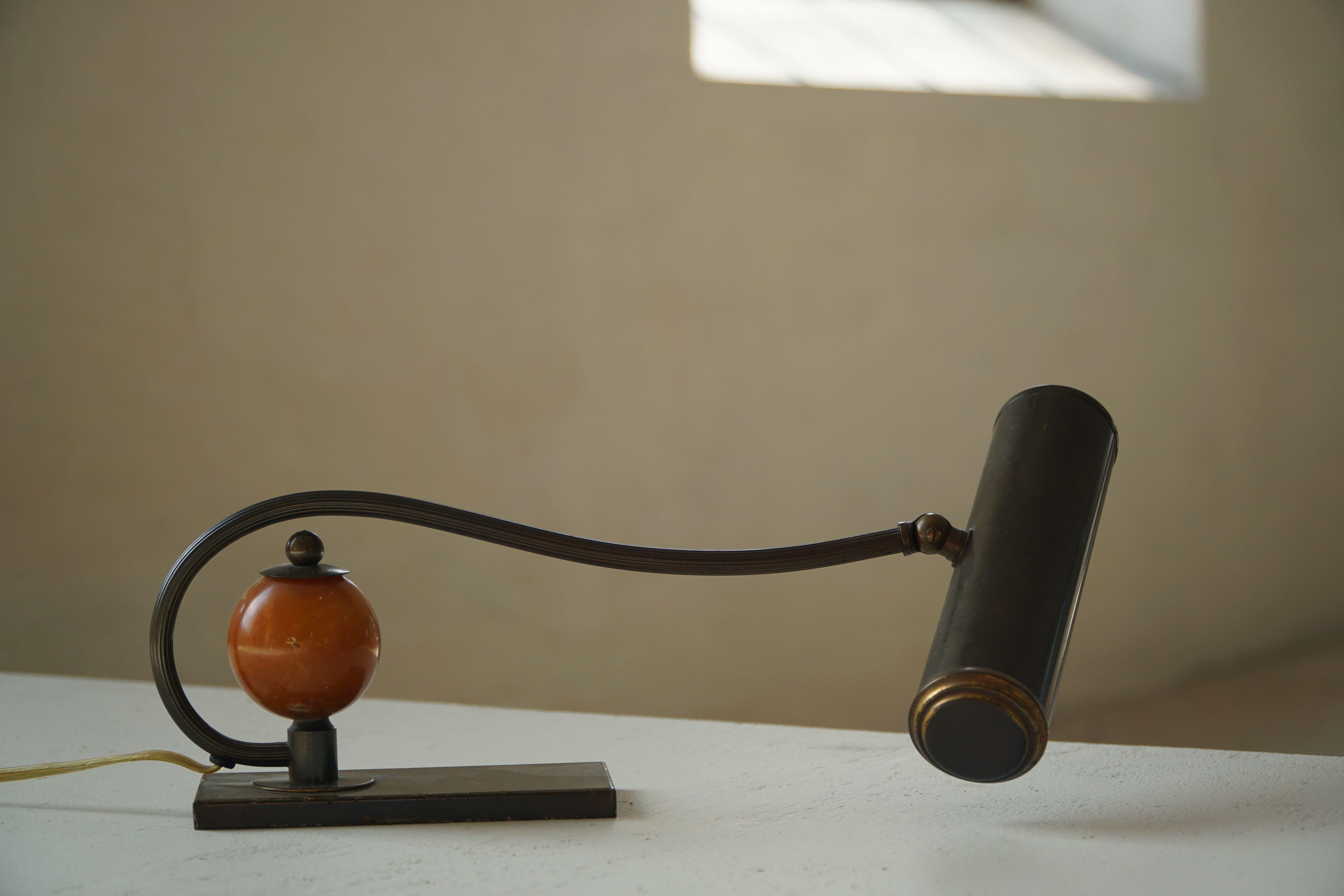 Scandinavian Art Deco Brass Piano Lamp with Wooden Orb, 1930s For Sale 10