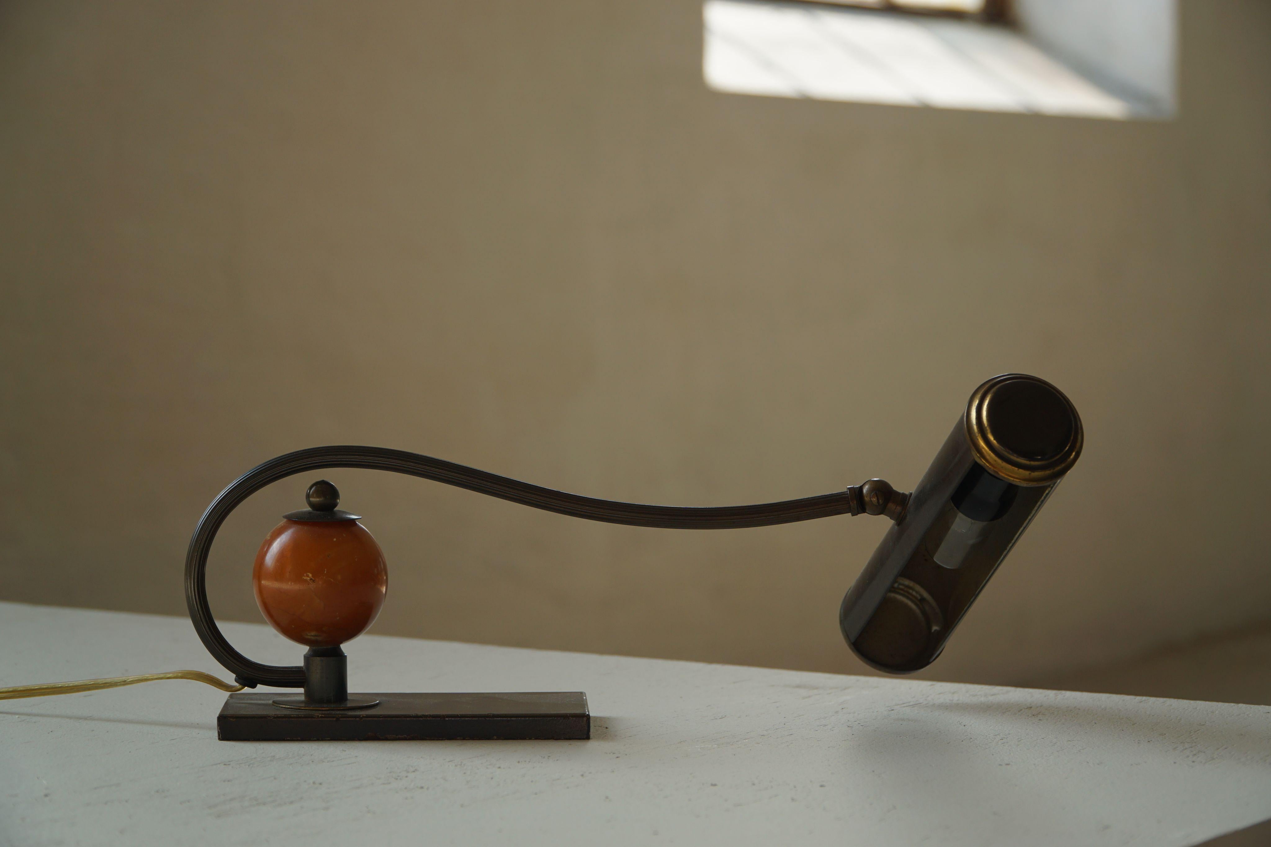 Scandinavian Art Deco Brass Piano Lamp with Wooden Orb, 1930s For Sale 11