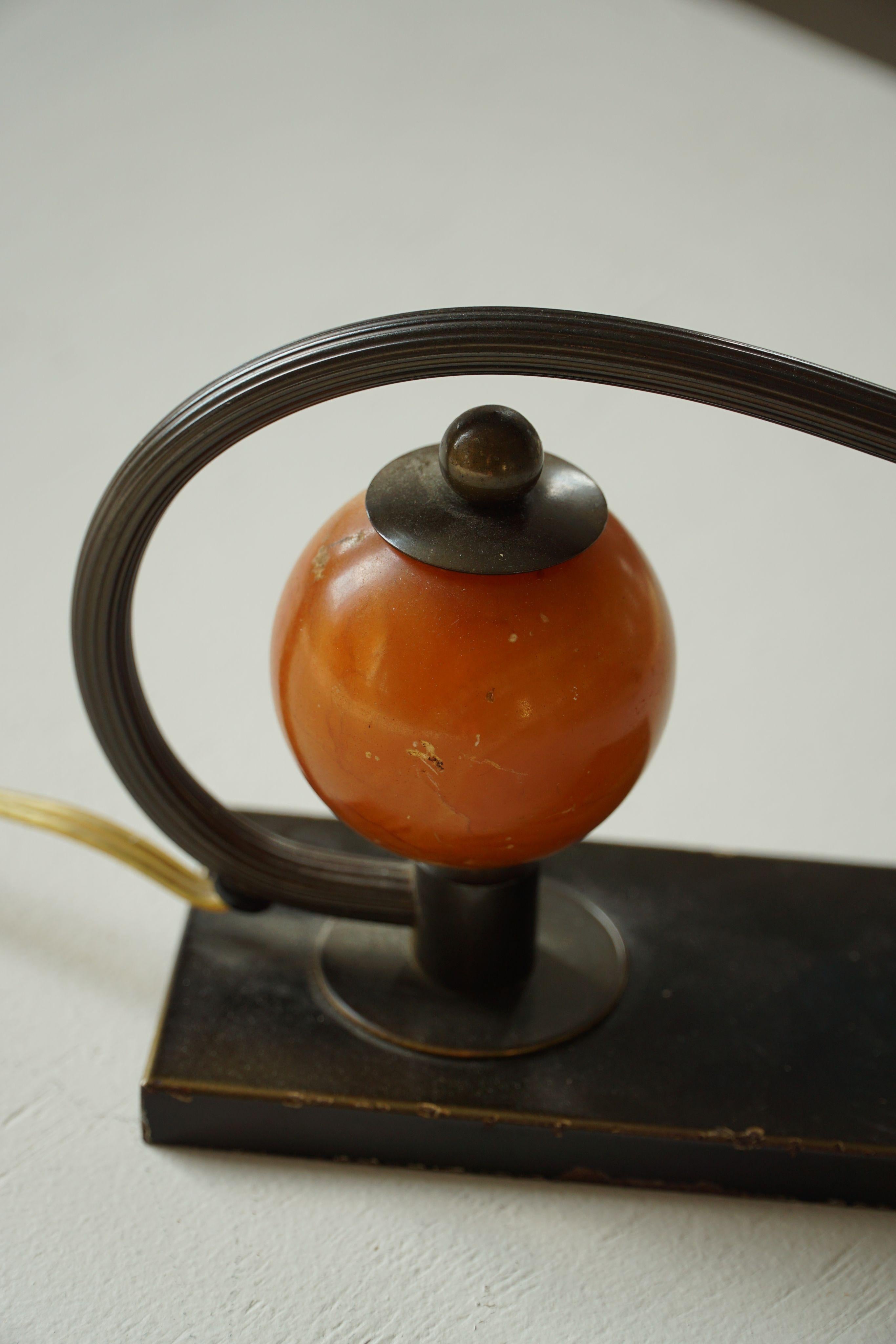 Scandinavian Art Deco Brass Piano Lamp with Wooden Orb, 1930s For Sale 14