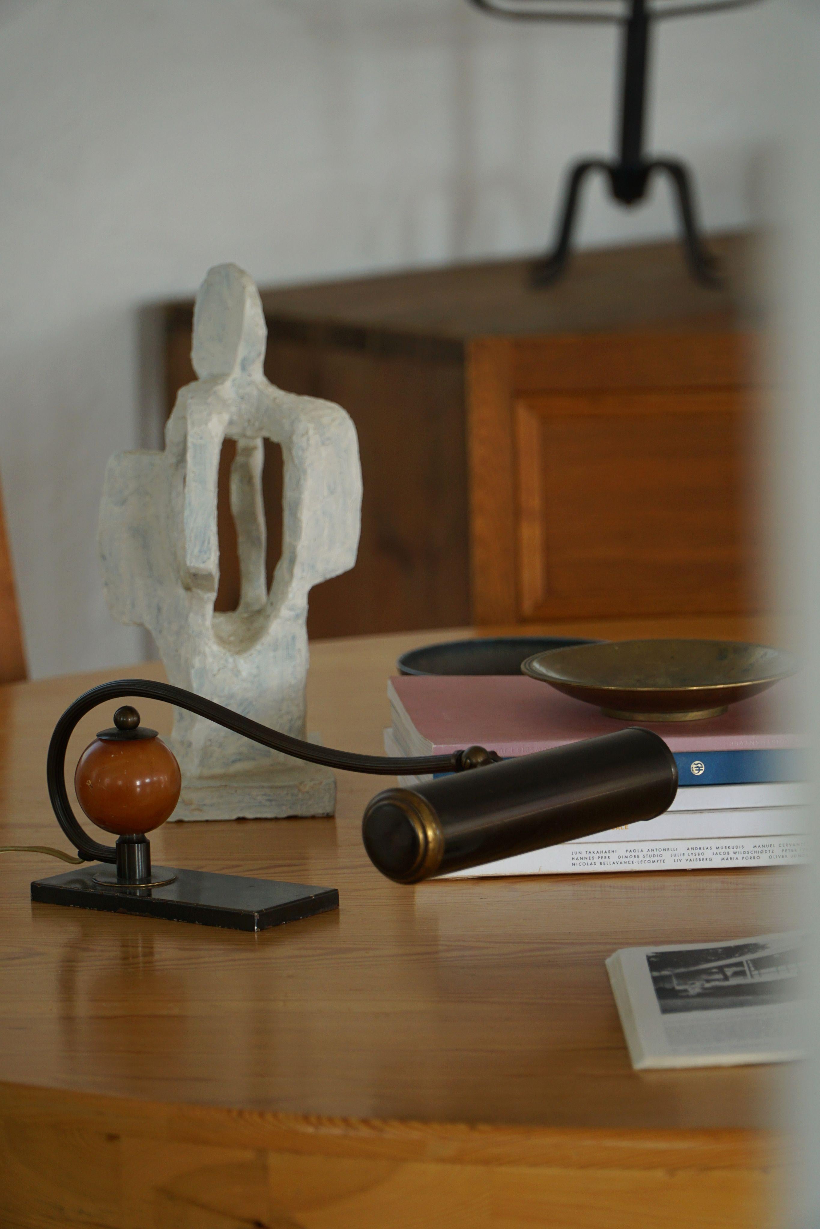 20th Century Scandinavian Art Deco Brass Piano Lamp with Wooden Orb, 1930s For Sale