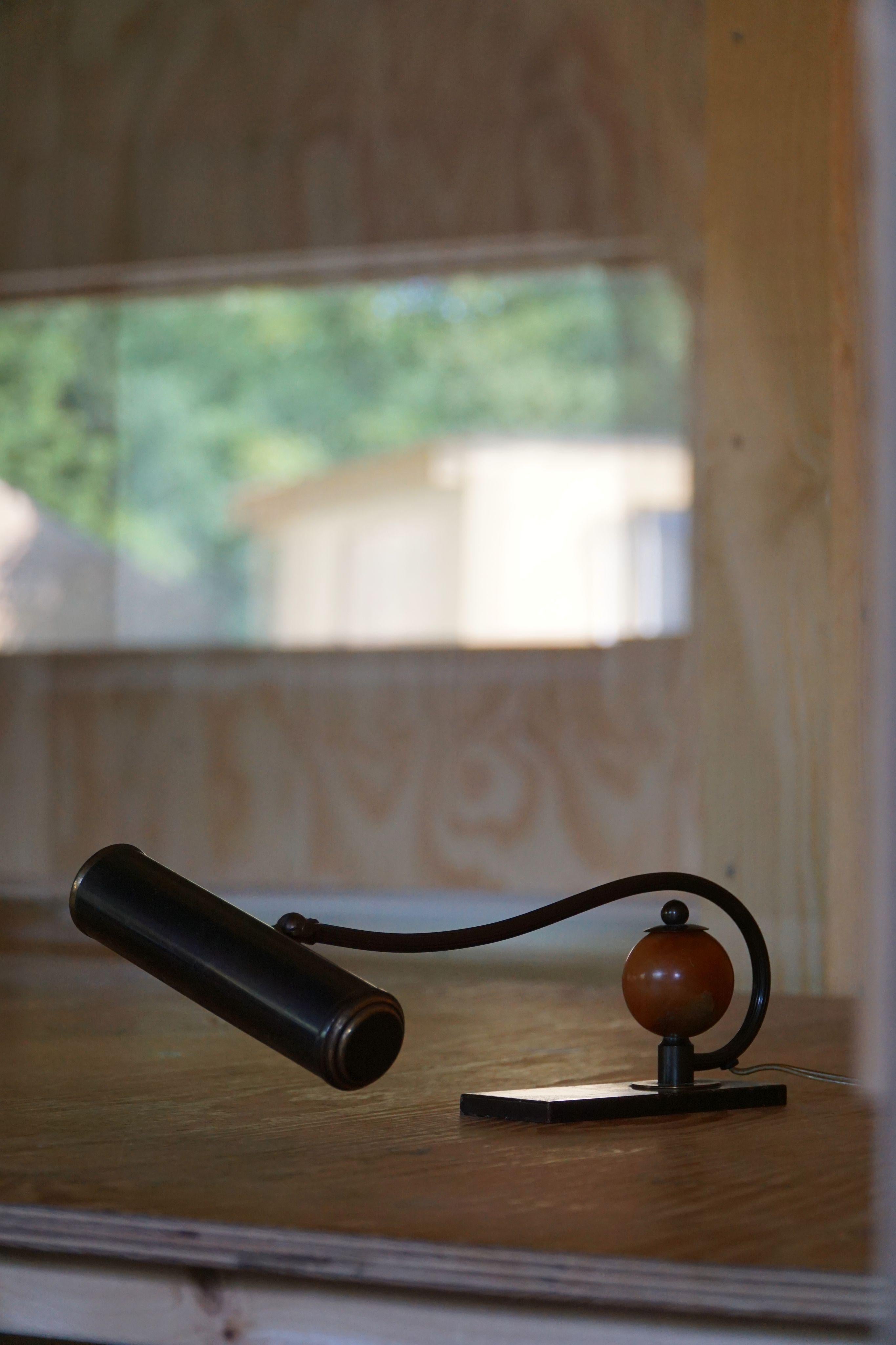 Scandinavian Art Deco Brass Piano Lamp with Wooden Orb, 1930s For Sale 3