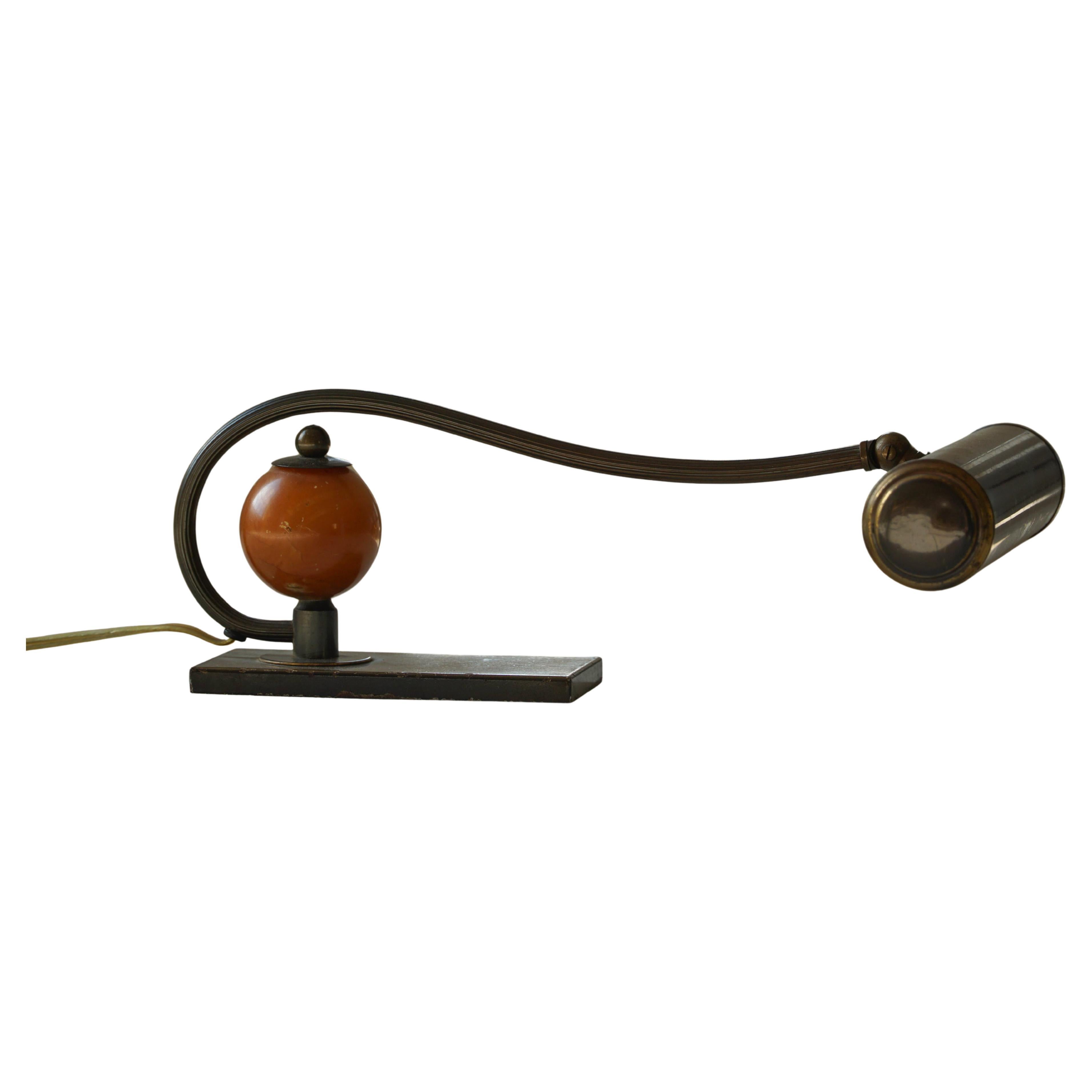 Scandinavian Art Deco Brass Piano Lamp with Wooden Orb, 1930s For Sale