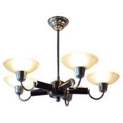Lámpara de araña Art Déco escandinava de 5 brazos, de metal, madera y cristal, década de 1930