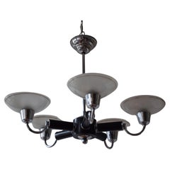 Lámpara de araña Art Déco escandinava de 5 brazos, de metal, madera y cristal, década de 1930
