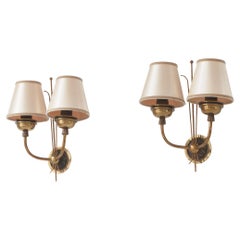 Scandinavian Art Deco Double Wall Lamps in Solid Bronze with Silk Shades, 1930s