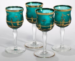Scandinavian Art Deco Etched Gilded Footed Brandy Glasses, Set of 4