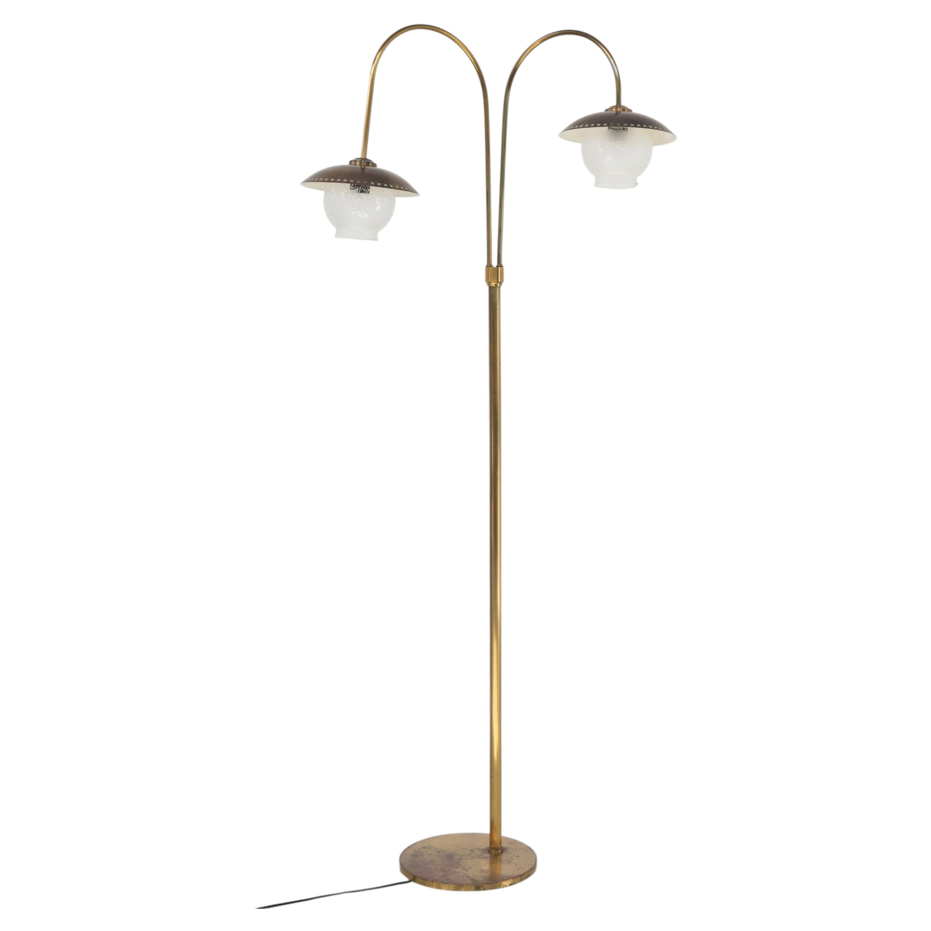 Scandinavian Art Deco Floor Lamp in Brass and Glass, 1920s.