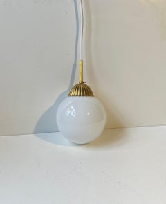 Scandinavian Art Deco Globe Pendant Lamp in White Opaline Glass & Brass