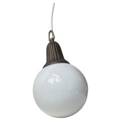 Scandinavian Art Deco Globe Pendant Lamp in White Opaline Glass & Brass