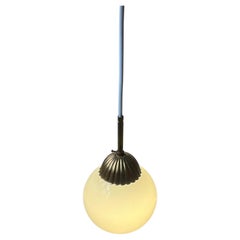 Scandinavian Art Deco Globe Pendant Lamp in White Opaline Glass & Brass