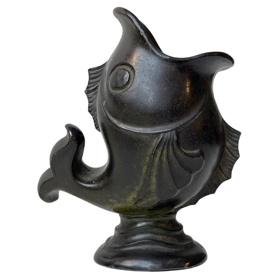 Scandinavian Art Deco Koi Fish Vase in Patinated Metal, 1930s For Sale