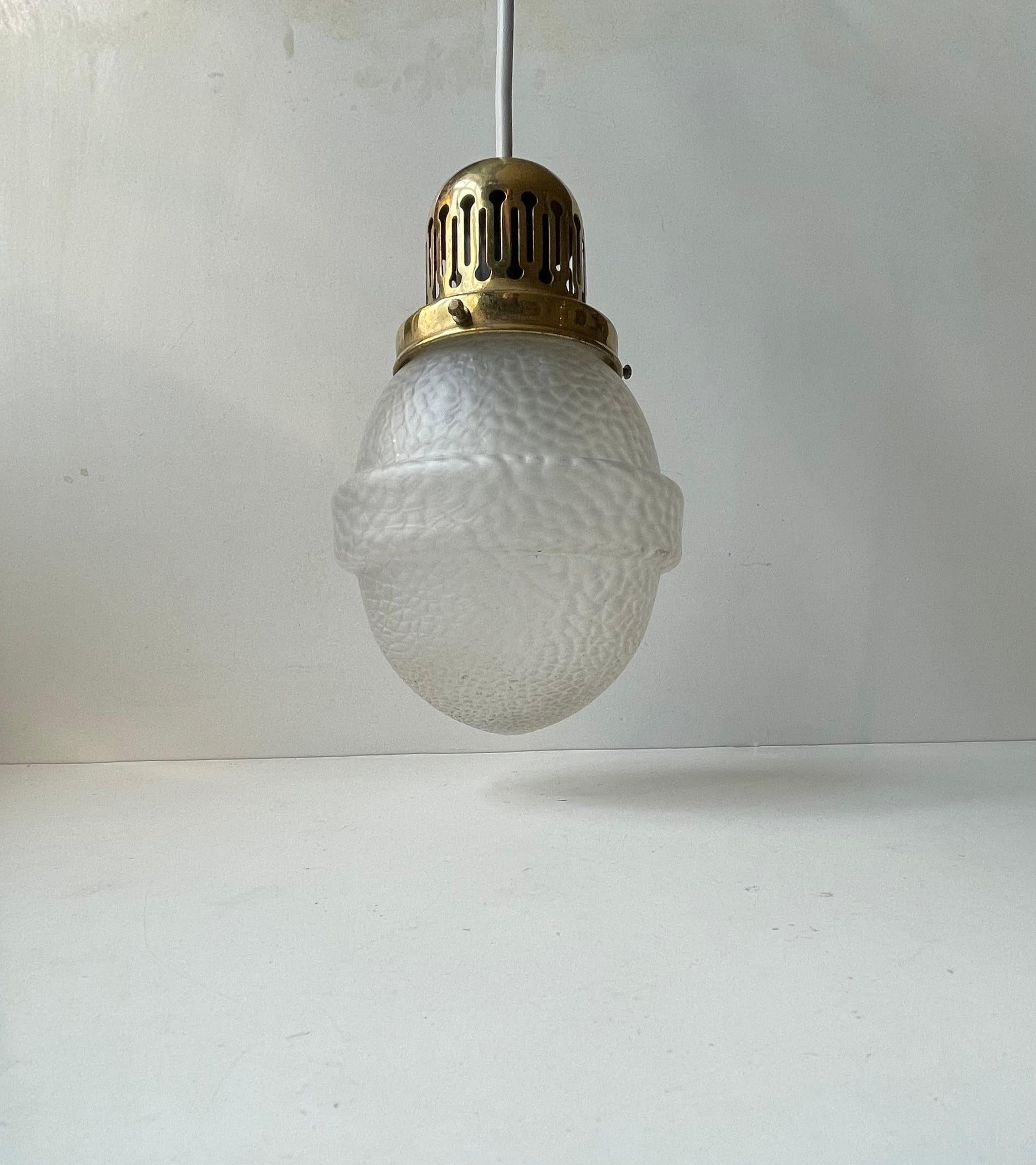 Mid-20th Century Scandinavian Art Deco Pendant Lamp in Brass & Lizard skin Glass, 1930s For Sale