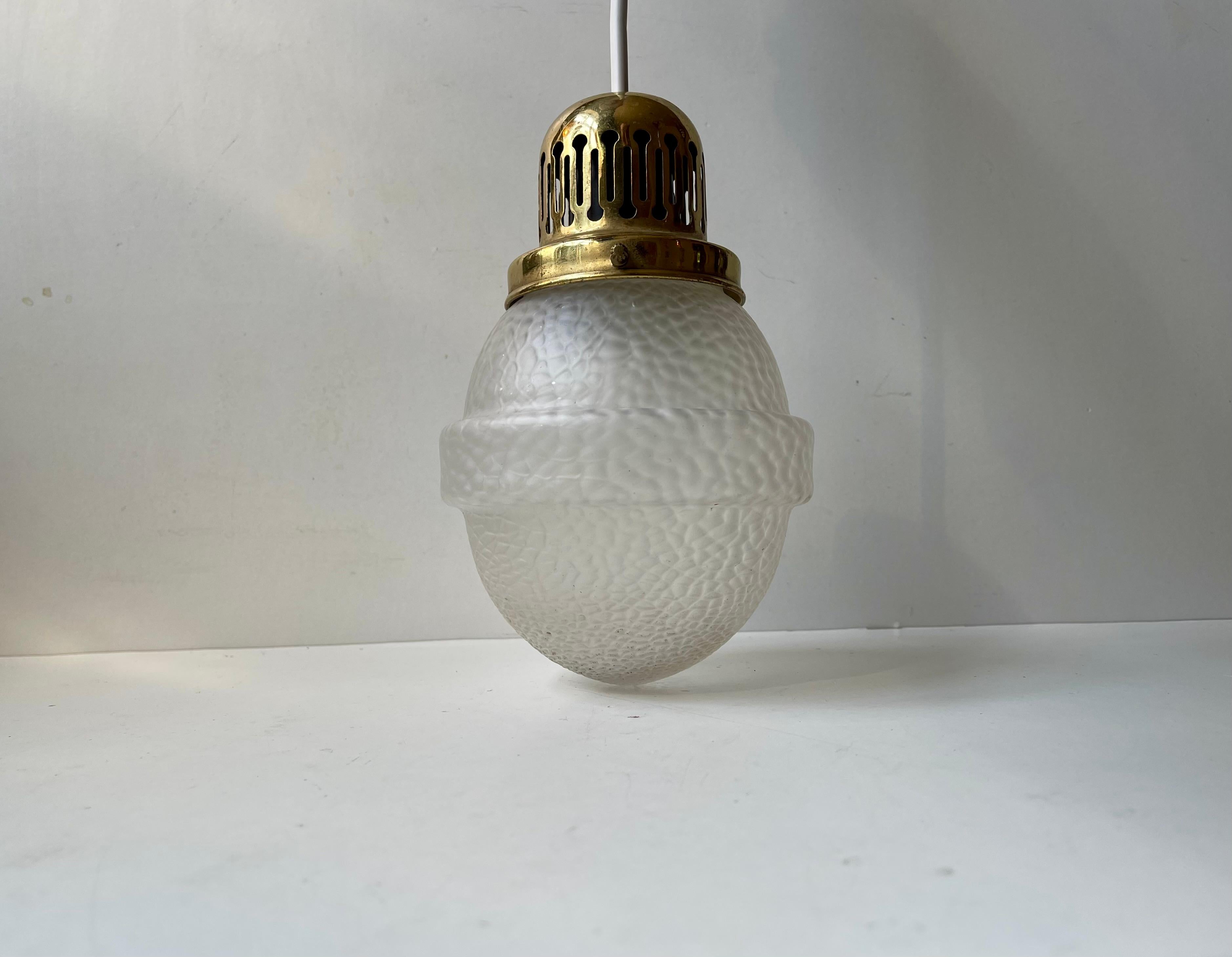 Scandinavian Art Deco Pendant Lamp in Brass & Lizard skin Glass, 1930s For Sale 5