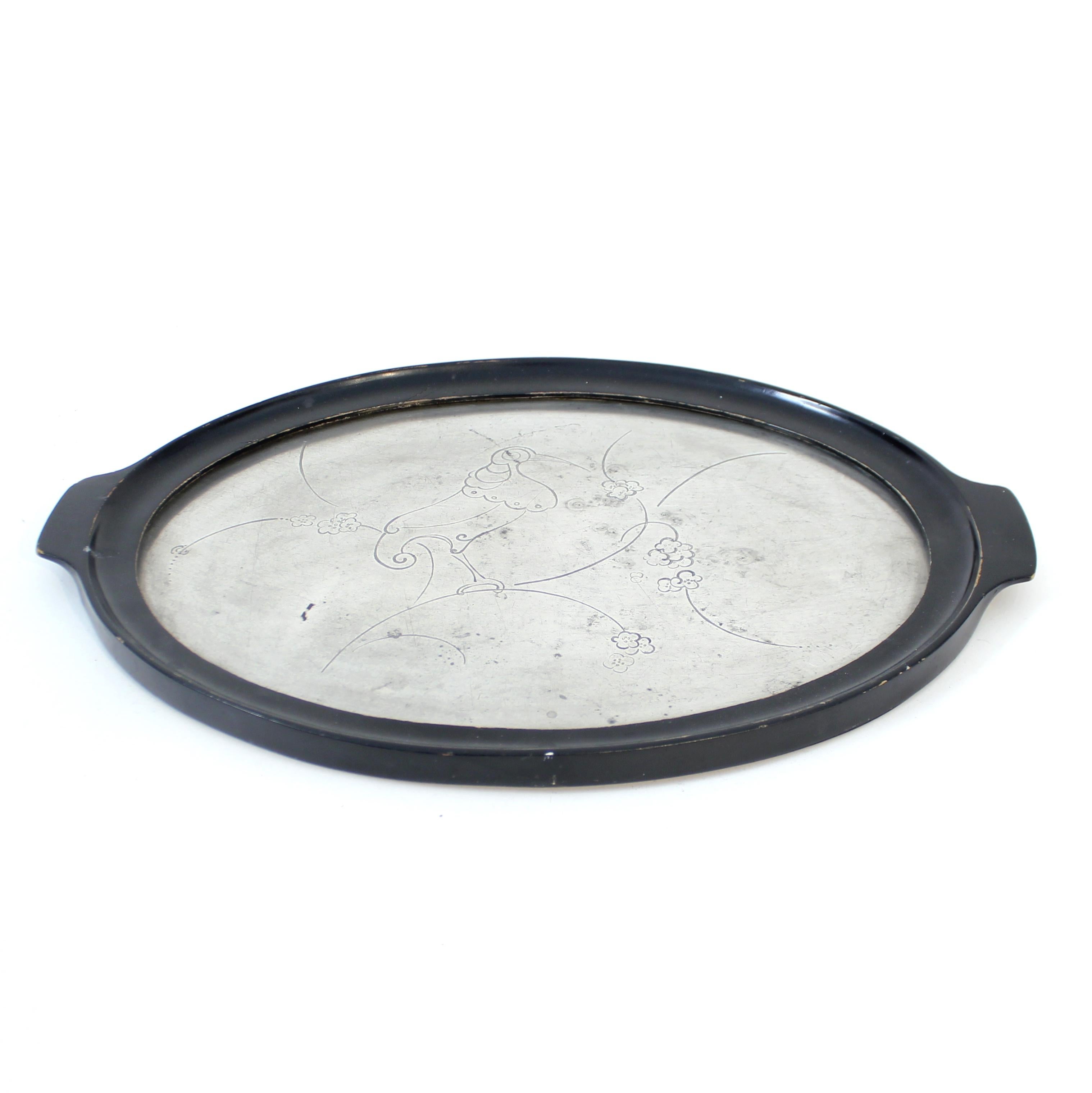 Scandinavian Art Deco pewter and ebonized wood tray, 1930s In Good Condition In Uppsala, SE