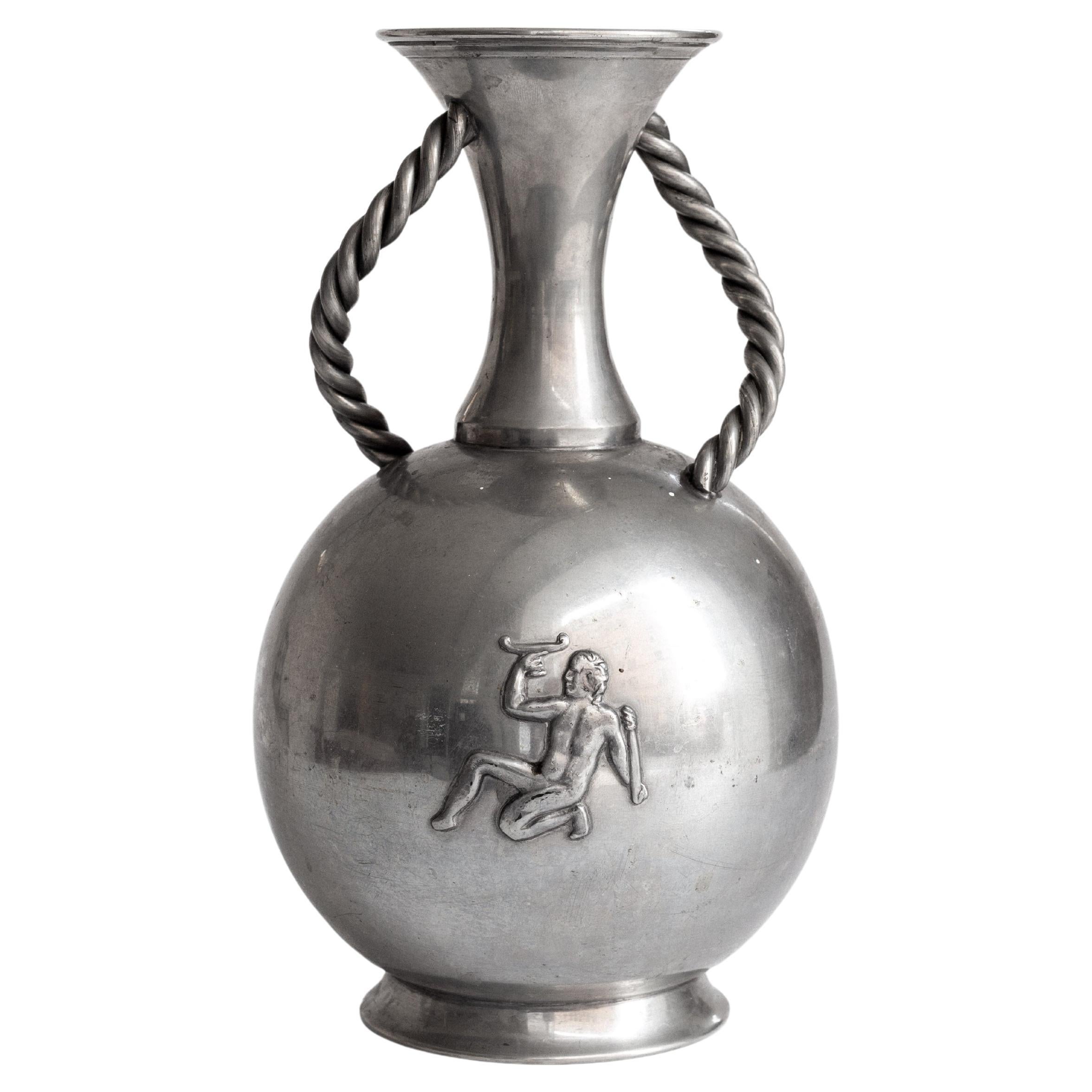 Scandinavian Art Deco Pewter Vase with Rope Handles, 1936, Swedish Grace Era For Sale