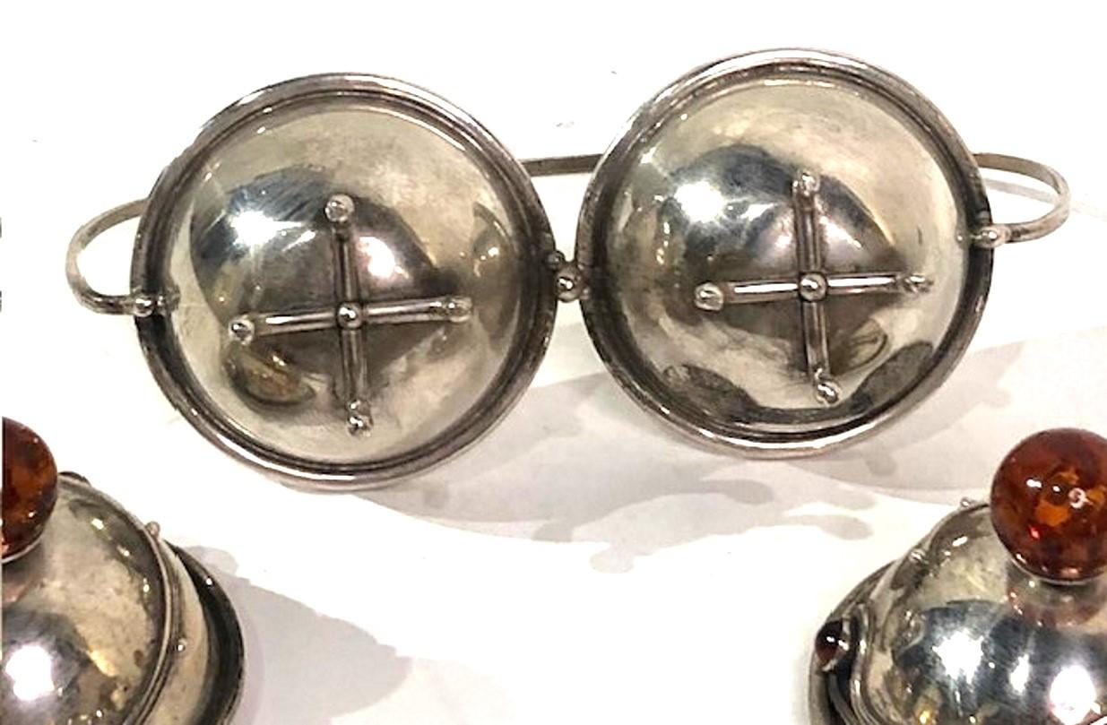 Set di sale e pepe in argento e ambra Art Deco scandinavo, 1940 ca. in vendita 2
