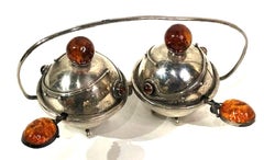 Scandinavian Art Deco Silver and Amber Salt & Pepper Set, ca. 1940s