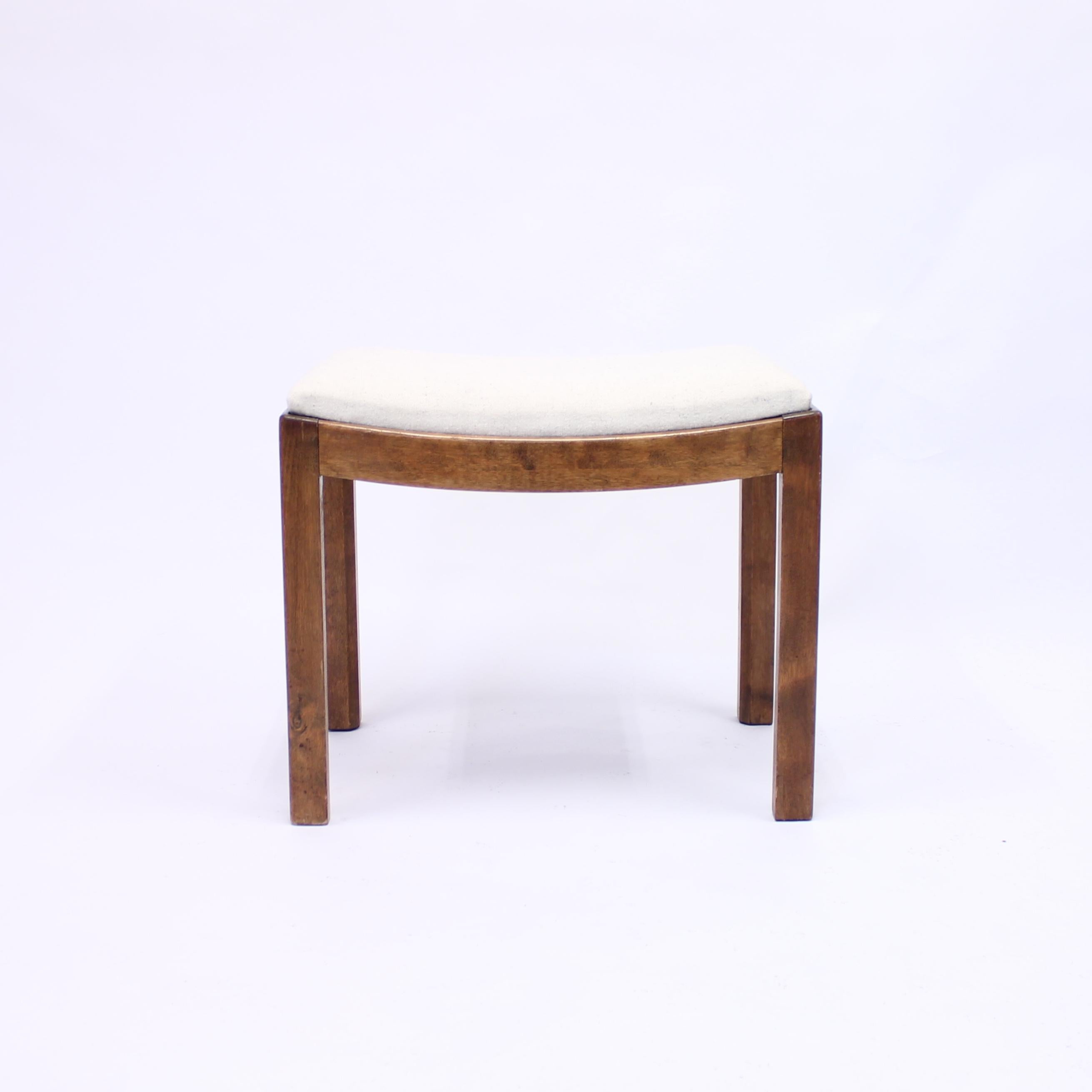 Scandinavian birch Art Deco stool from the 1930s with new off-white felt fabric. The whole seat has been redone with new webbing and padding under the new fabric. Very good vintage condition with light ware consistent with age and use.