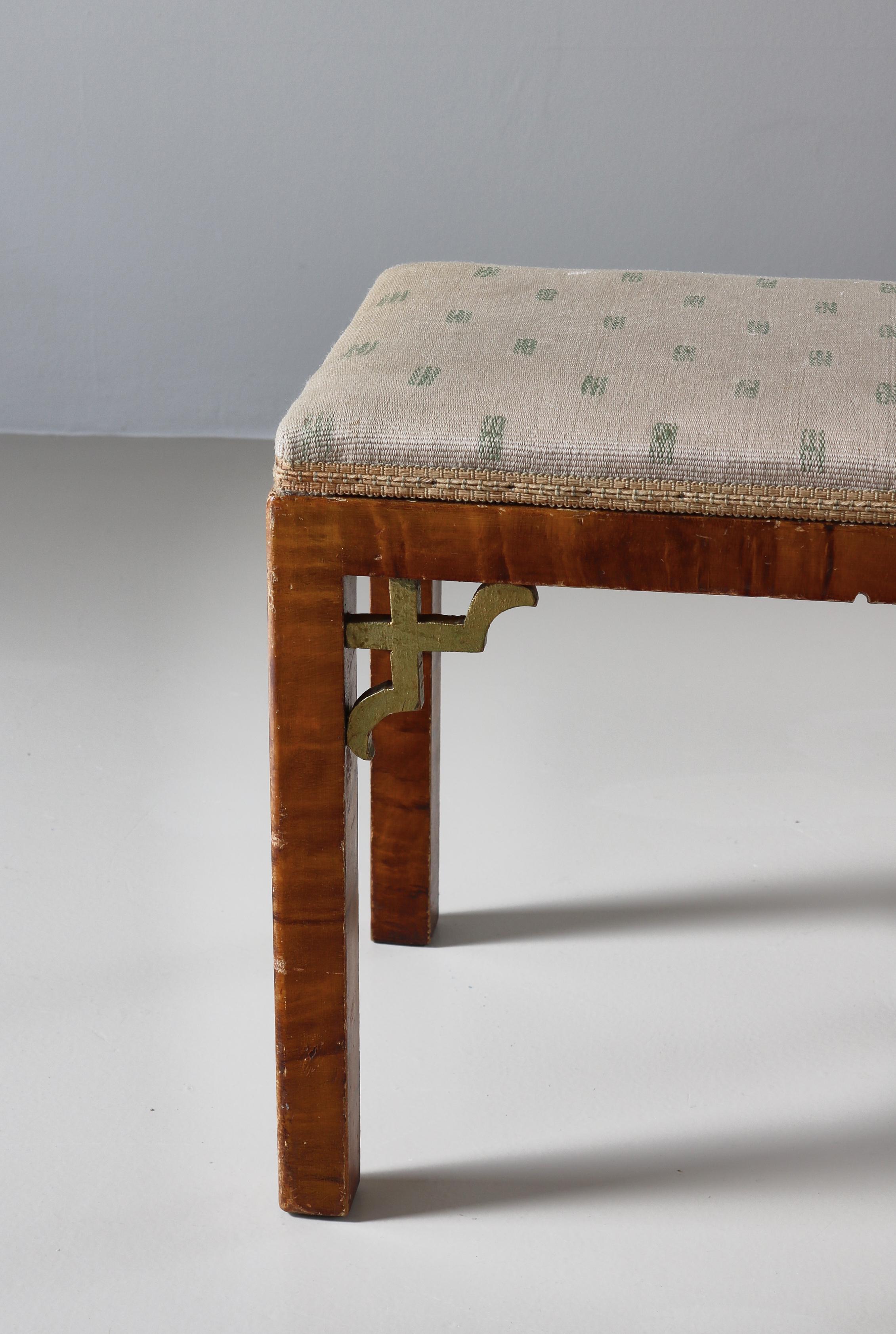 Birch Scandinavian Art Deco Stool Chinoiserie Style in Original Upholstery, 1920s For Sale