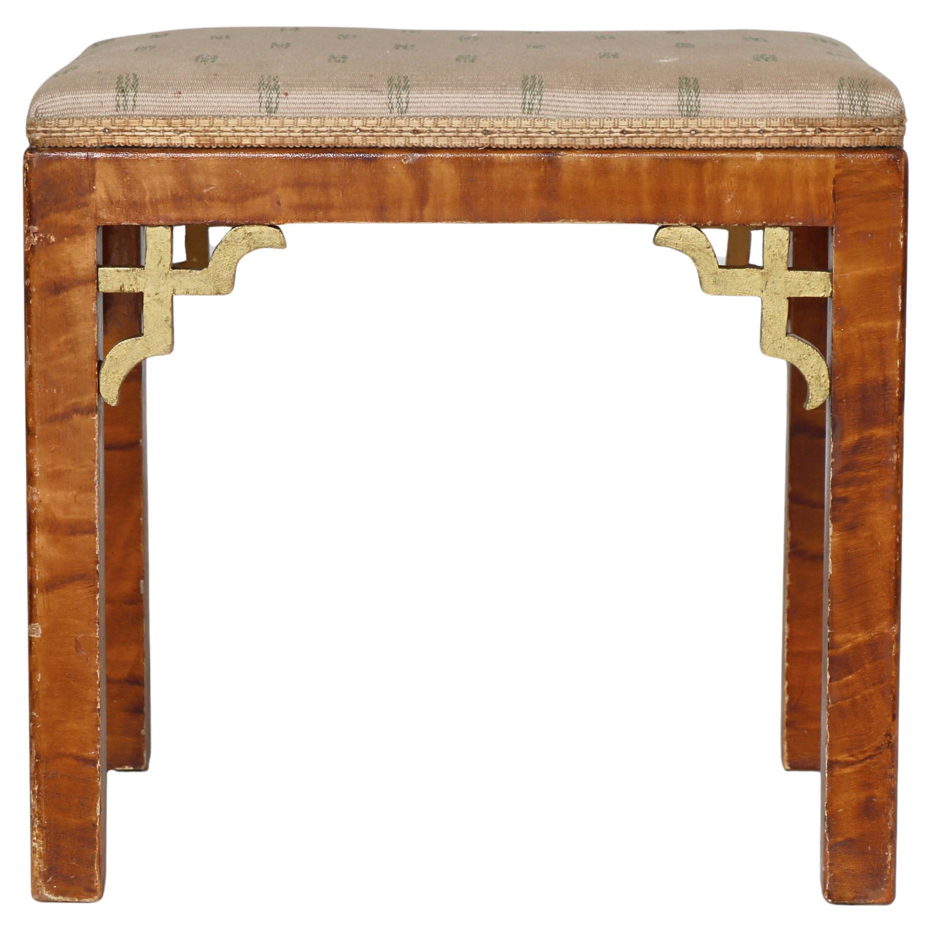 Scandinavian Art Deco Stool Chinoiserie Style in Original Upholstery, 1920s For Sale
