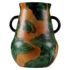 Scandinavian Art Deco Swedish Nittsjo 1920 Vase with Grønn Orange Glaze