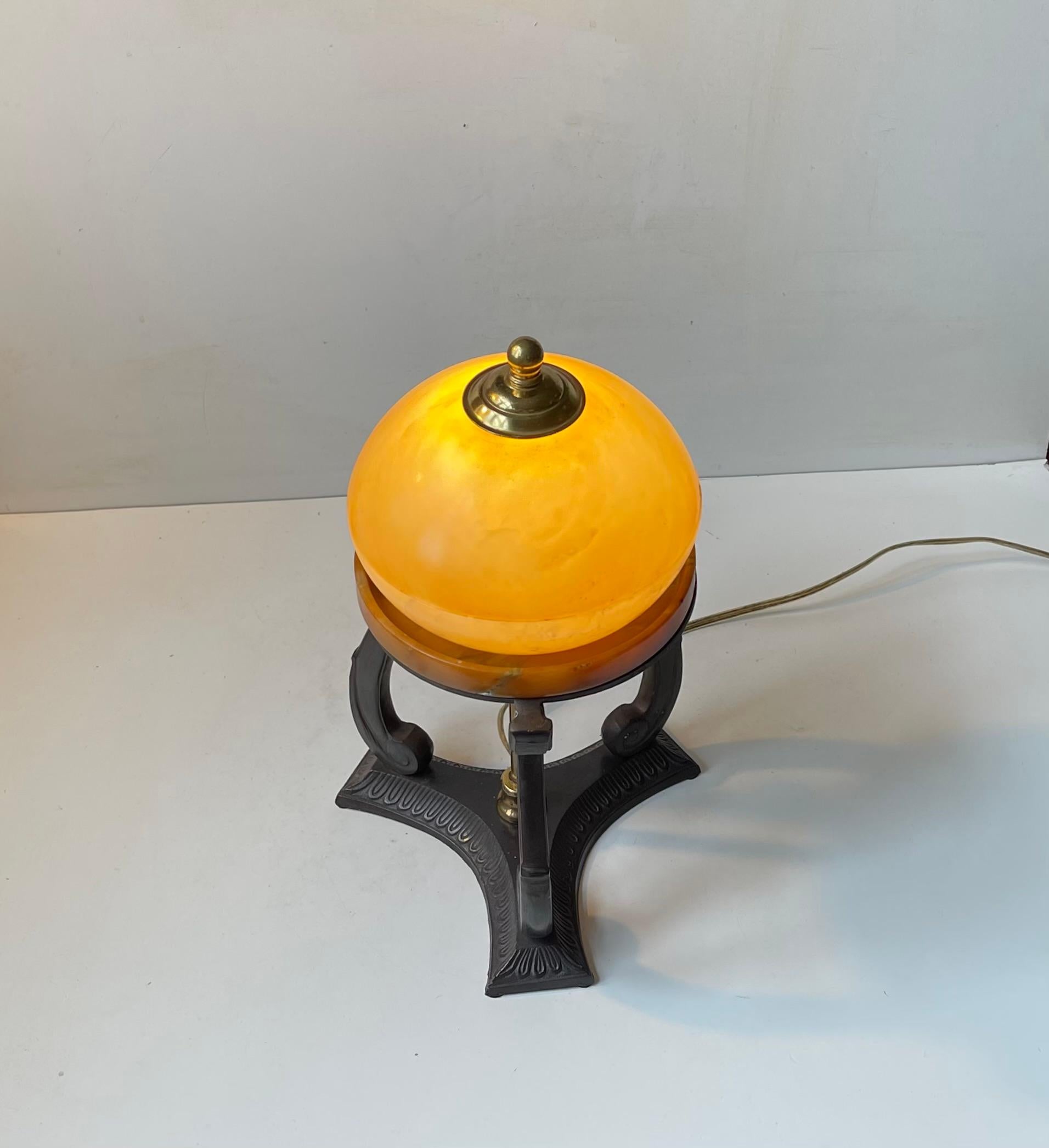 Mid-20th Century Scandinavian Art Deco Table Lamp in Alabaster & Patinated Bronze For Sale