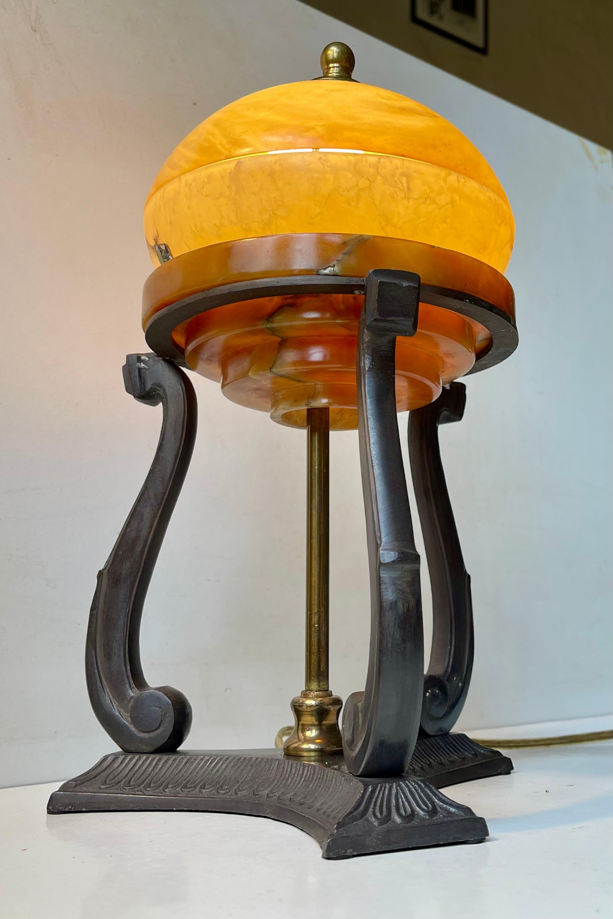 Brass Scandinavian Art Deco Table Lamp in Alabaster & Patinated Bronze For Sale