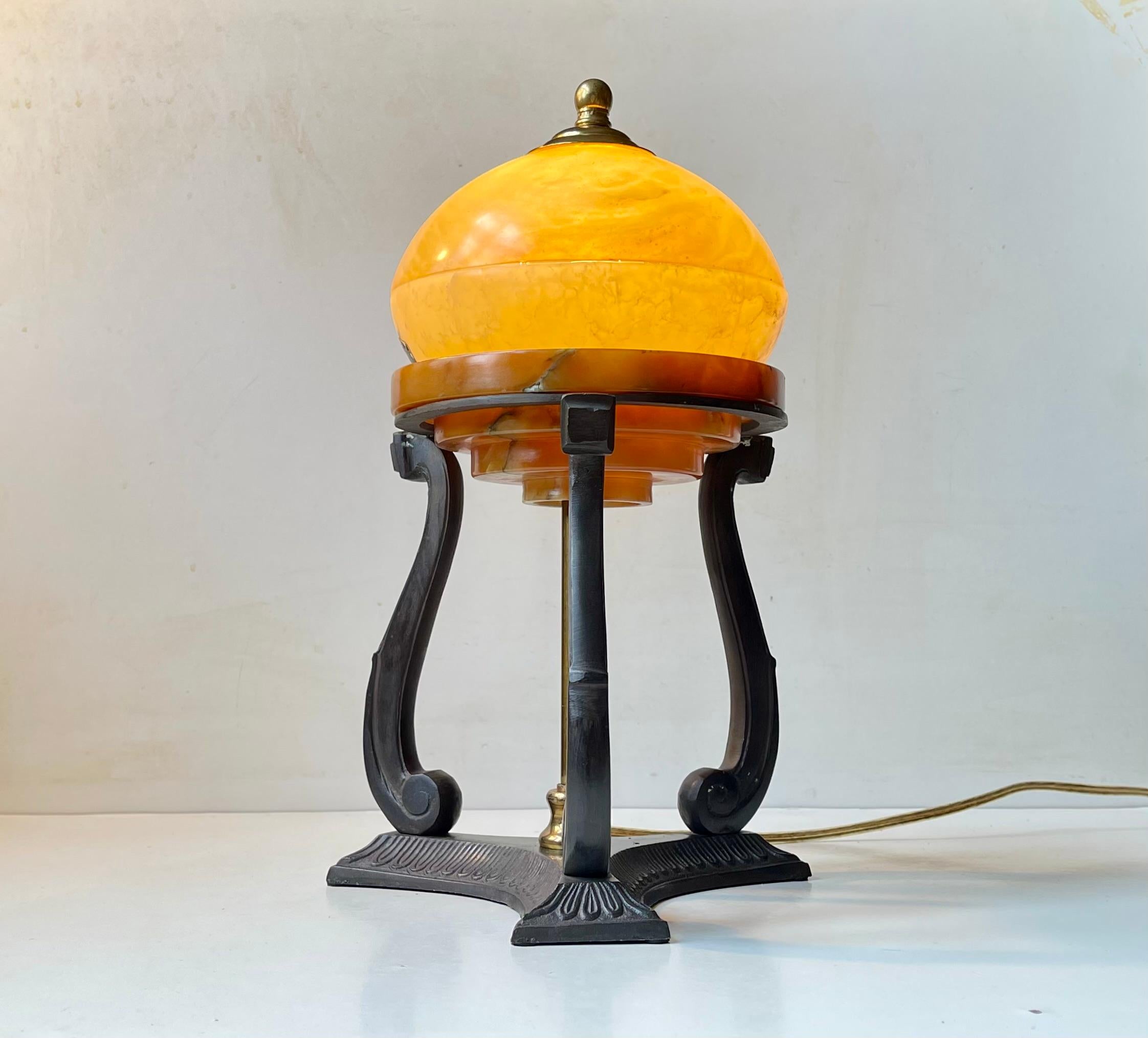 Scandinavian Art Deco Table Lamp in Alabaster & Patinated Bronze For Sale 2