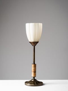 Scandinavian Art Deco Table Lamp in Brass, Rattan & Opaline Glass, 1930s