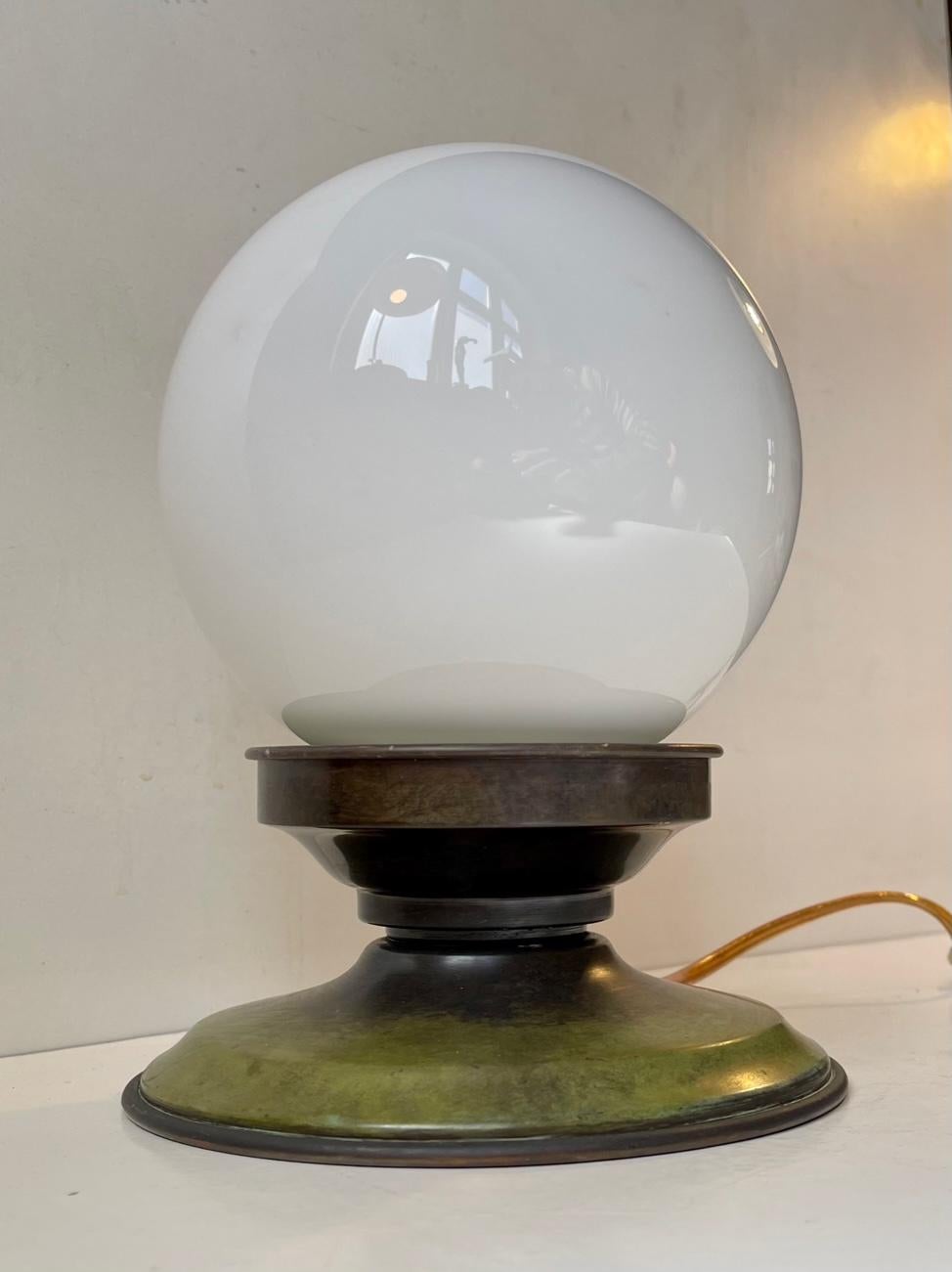 Mid-20th Century Scandinavian Art Deco Table Lamp in Green Bronze & Opaline Glass For Sale