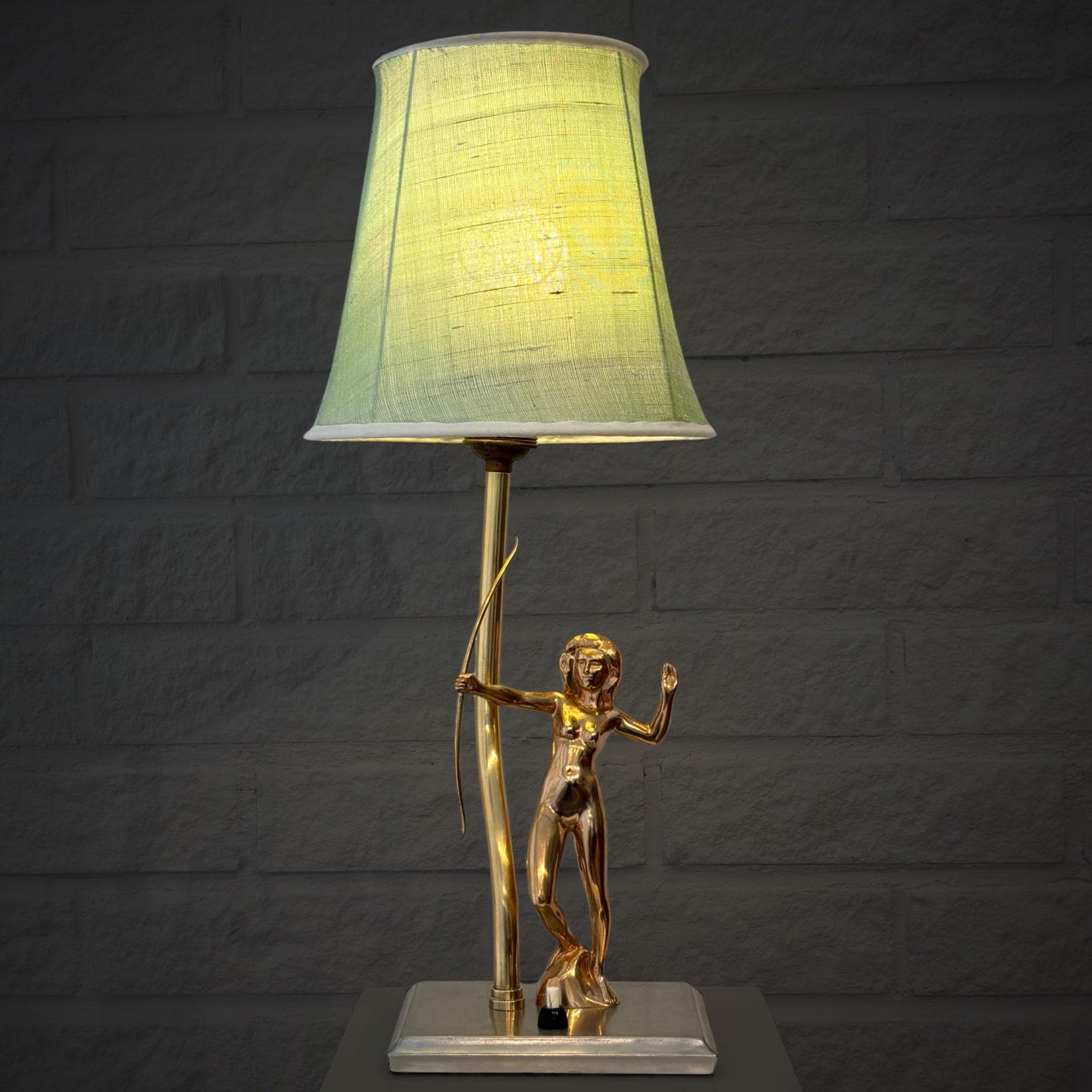 Art Deco Scandinavian art deco table lamp, nude female archer, brass, Sweden, 1920s For Sale