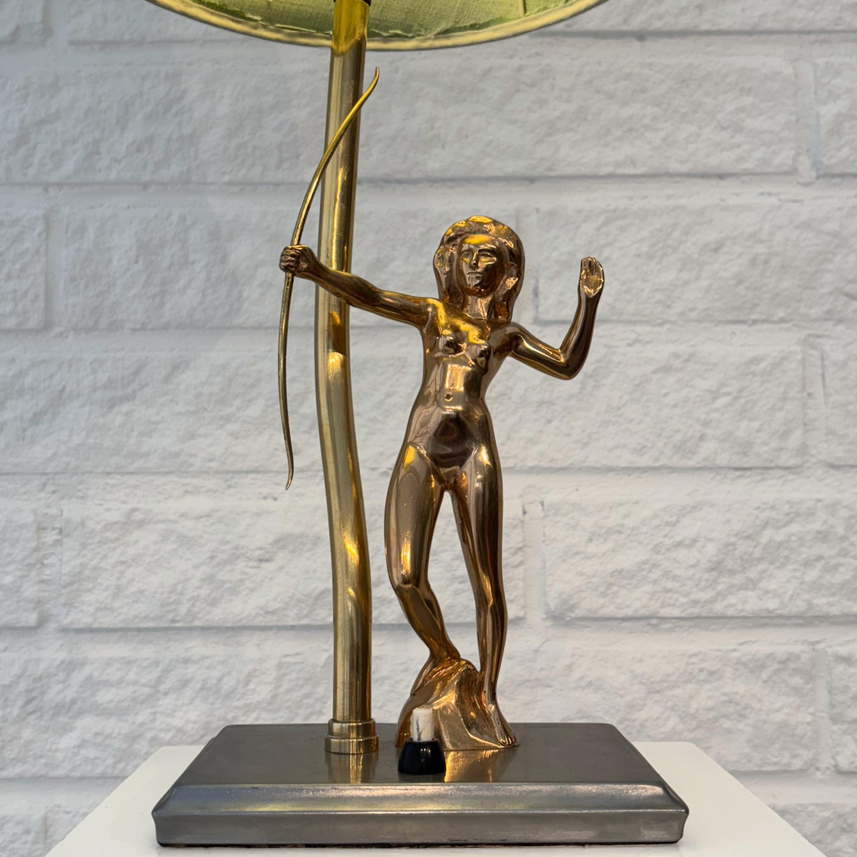 Swedish Scandinavian art deco table lamp, nude female archer, brass, Sweden, 1920s For Sale