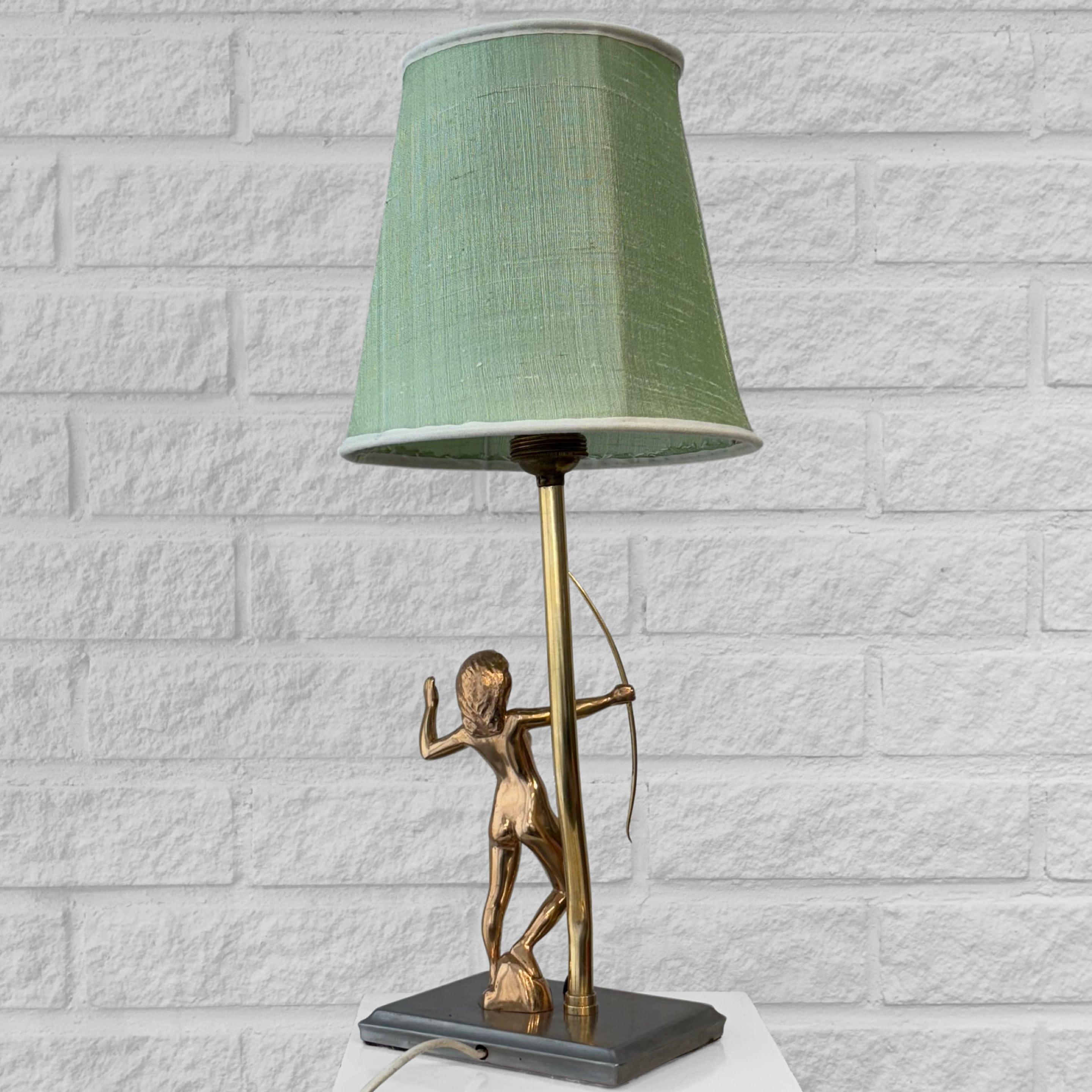 Early 20th Century Scandinavian art deco table lamp, nude female archer, brass, Sweden, 1920s For Sale