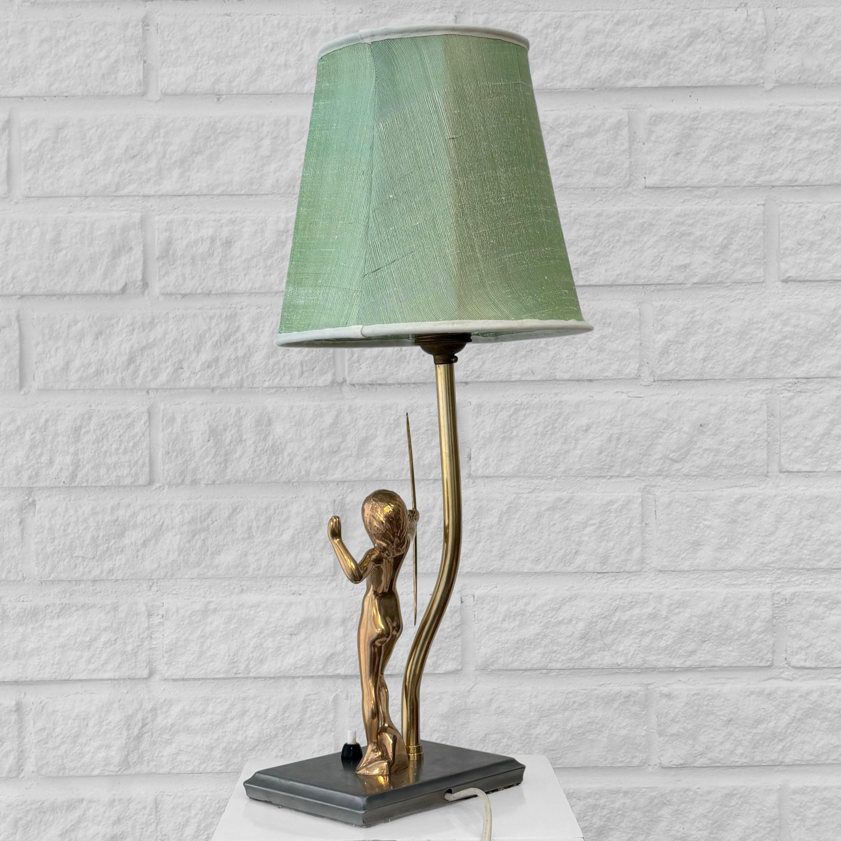 Brass Scandinavian art deco table lamp, nude female archer, brass, Sweden, 1920s For Sale