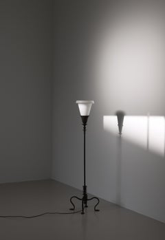 Scandinavian Art Deco Uplight Floor Lamp in Bronze & Opal Glass, Denmark, 1930s