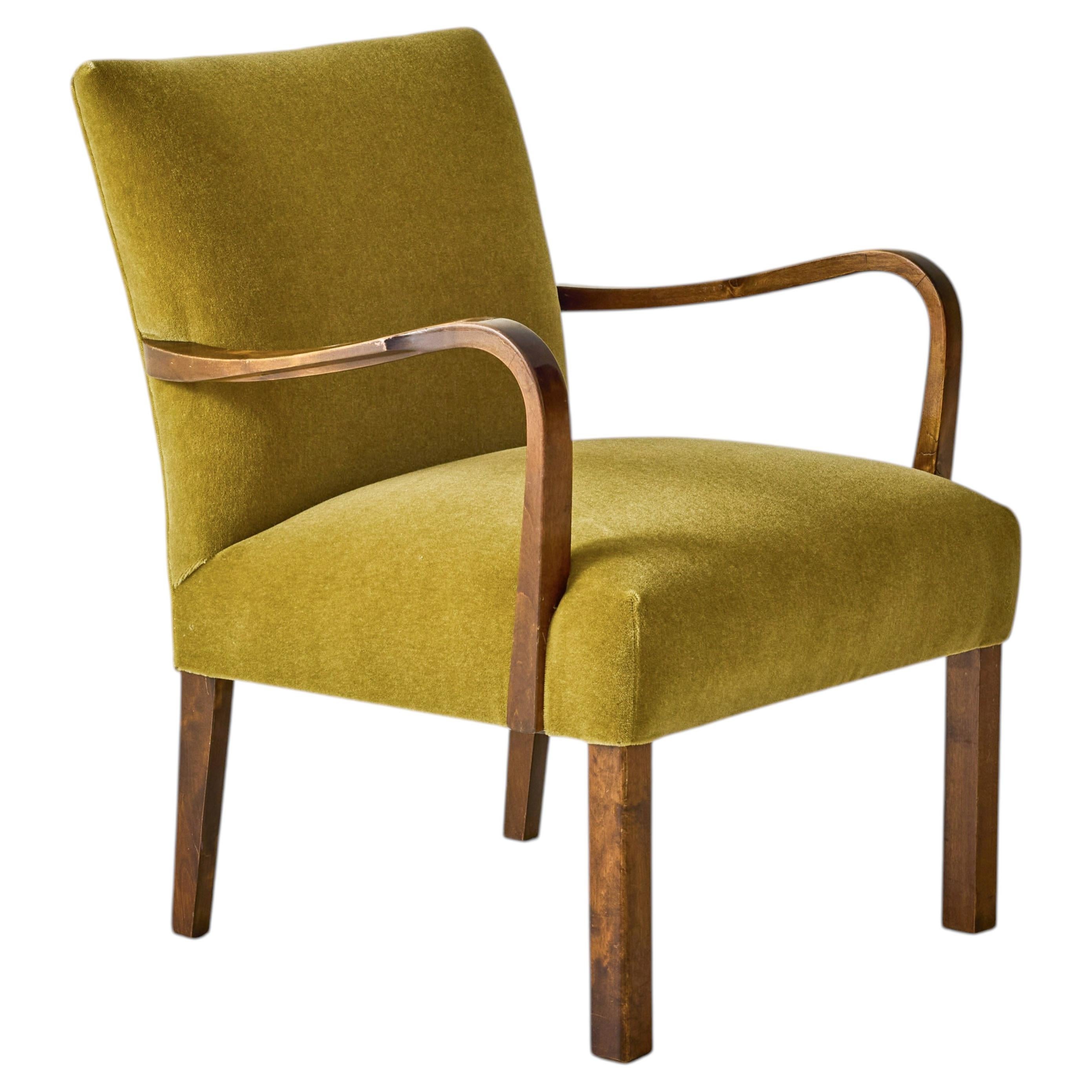 Scandinavian Art Deco Walnut Chair With Mohair Upholstery, 1940s