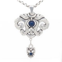 Scandinavian Art Nouveau Silver & Lapis Pendant Necklace