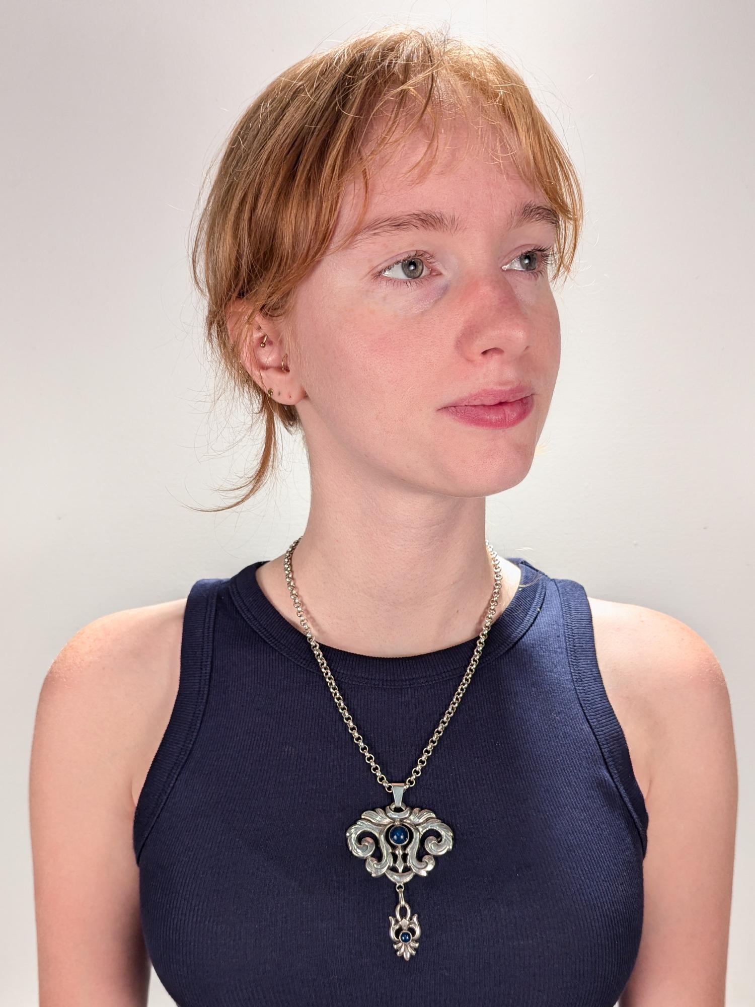 Scandinavian Art Nouveau Silver and Lapis Pendant Necklace For Sale at ...