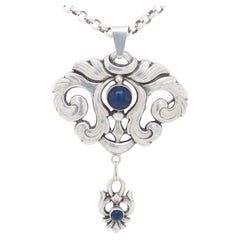 Scandinavian Art Nouveau Silver & Lapis Pendant Necklace