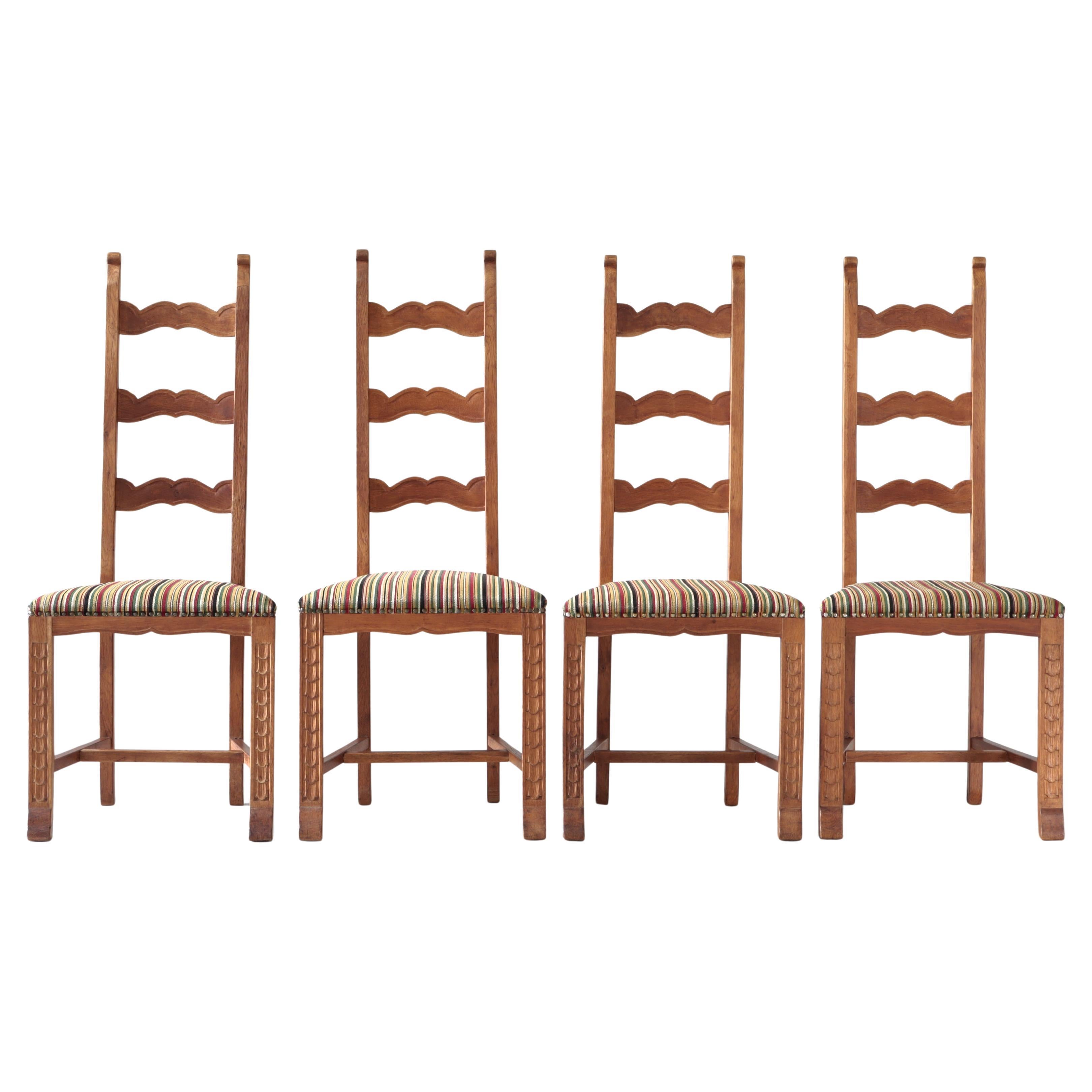 Scandinavian Art Nouveau Skönvirke Chairs in Carved Oak, Denmark, 1930s