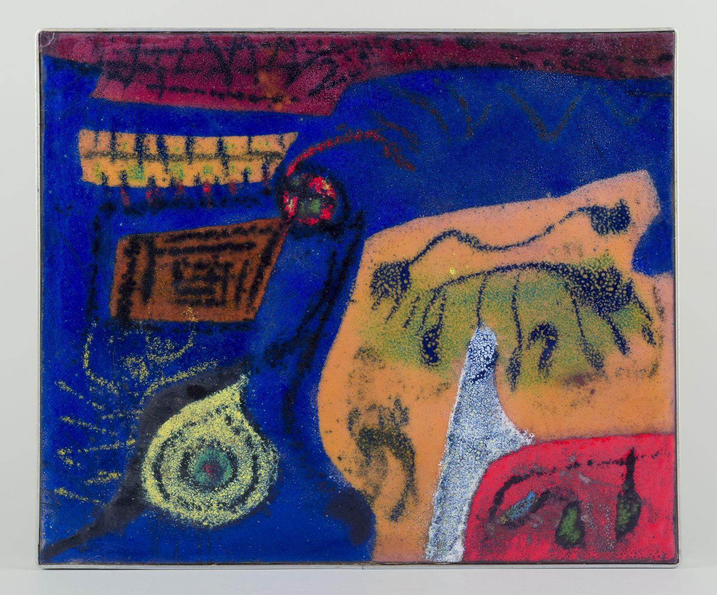 PRE-OWNED GOODS ARE EXEMPT FROM IMPORT TARIFFS FOR U.S., UK, AUSTRALIAN & CANADIAN CUSTOMERS.   
THEREFORE, NO IMPORT TARIFFS WILL BE APPLICABLE TO YOUR PURCHASE. 

Scandinavian artist. Multicoloured abstract composition, enamel work.
Enamel on