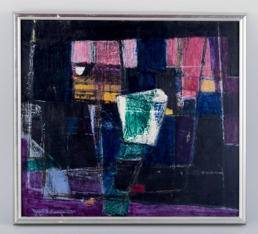 Scandinavian artist. Oil on board, abstract composition. 
1955.
In perfect condition.
Signed illegible.
Dimensions: W 39.5 cm x H 35.2 cm.
Total: W 42.5 cm x H 38.5 cm.