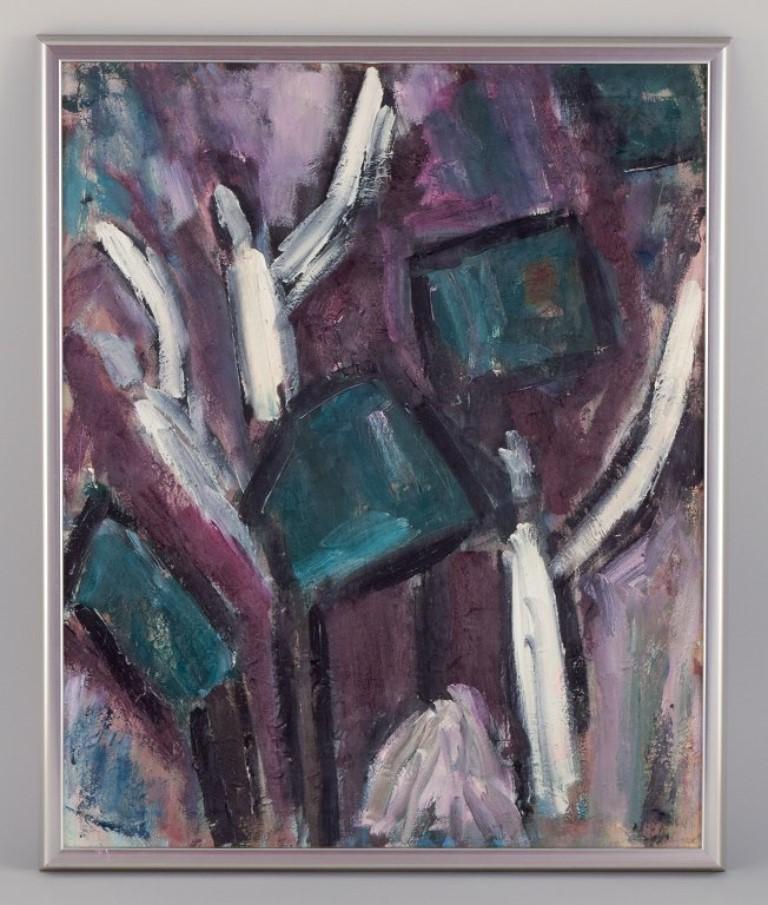 Artistics scandinaves. Huile sur toile. 
composition abstraite avec une palette colorée.
Datant approximativement des années 1970.
En parfait état.
Dimensions de la toile : 50,0 cm x 61,0 cm.
Dimensions totales : 53,5 cm x 64,5 cm.