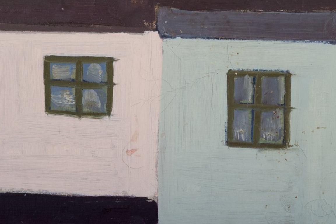 Swedish Scandinavian artist. Oil on canvas. House in modernist style.  1960s/70s For Sale