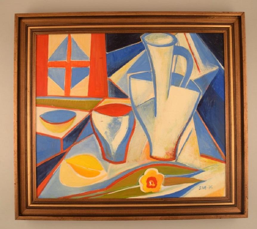 Scandinavian artist. Oil on canvas. Modernist still life. Dated 1975.
The canvas measures: 59 x 51 cm.
The frame measures: 6 cm.
In excellent condition.
Signed and dated.