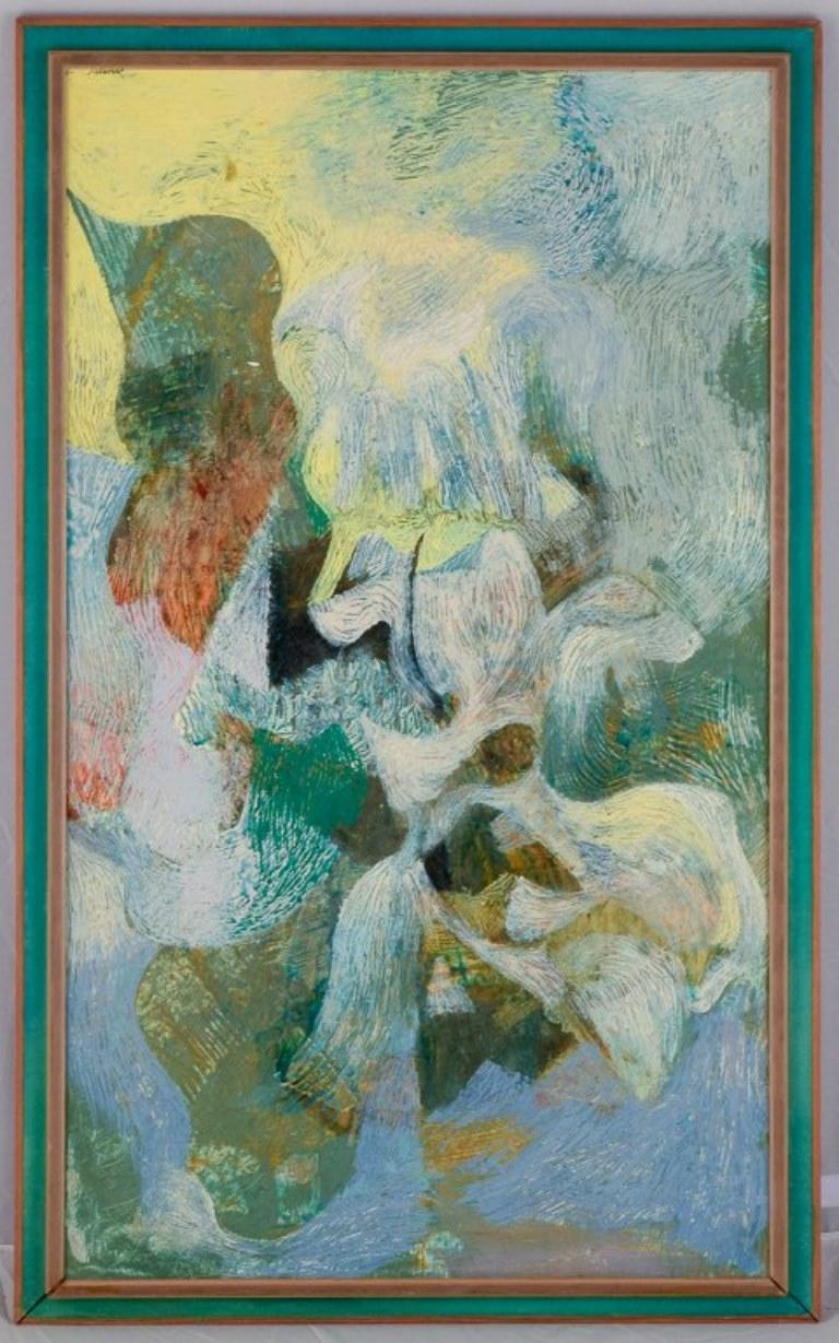 Scandinavian artist. Oil on panel. 
Abstract composition with a colorful palette and impasto brushwork.
Approximately from the 1970s.
In perfect condition.
Indistinctly signed.
Image dimensions: 50.0 cm x 87.0 cm.
Total dimensions: 58.0 cm x 94.0 cm.