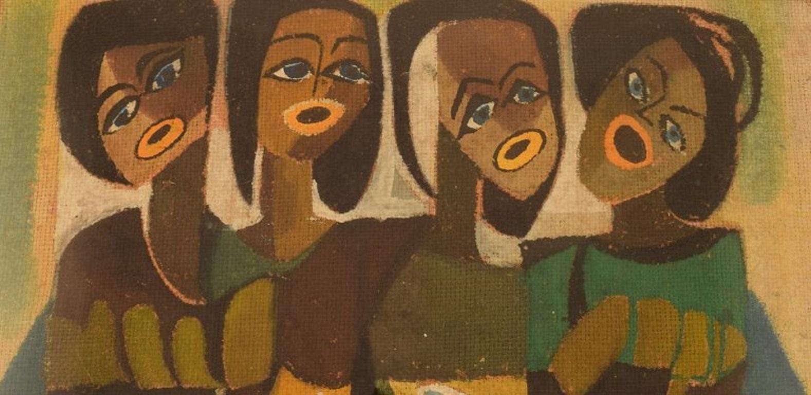 Modern Scandinavian Artist, Oil on Textile, Singing Women, Mid-20th Century