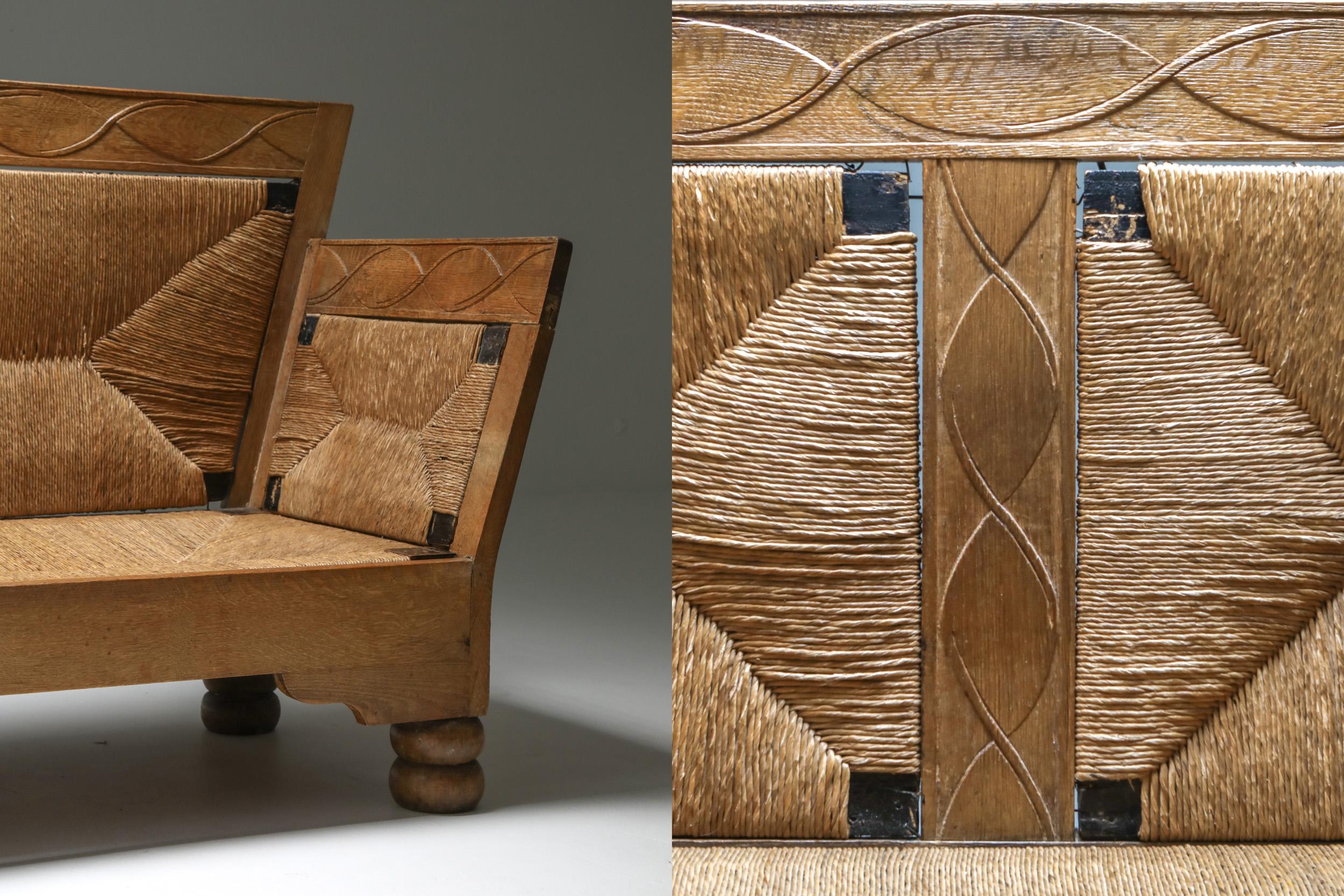 Scandinavian Arts & Crafts Sofa Bench in Oak and Straw 1