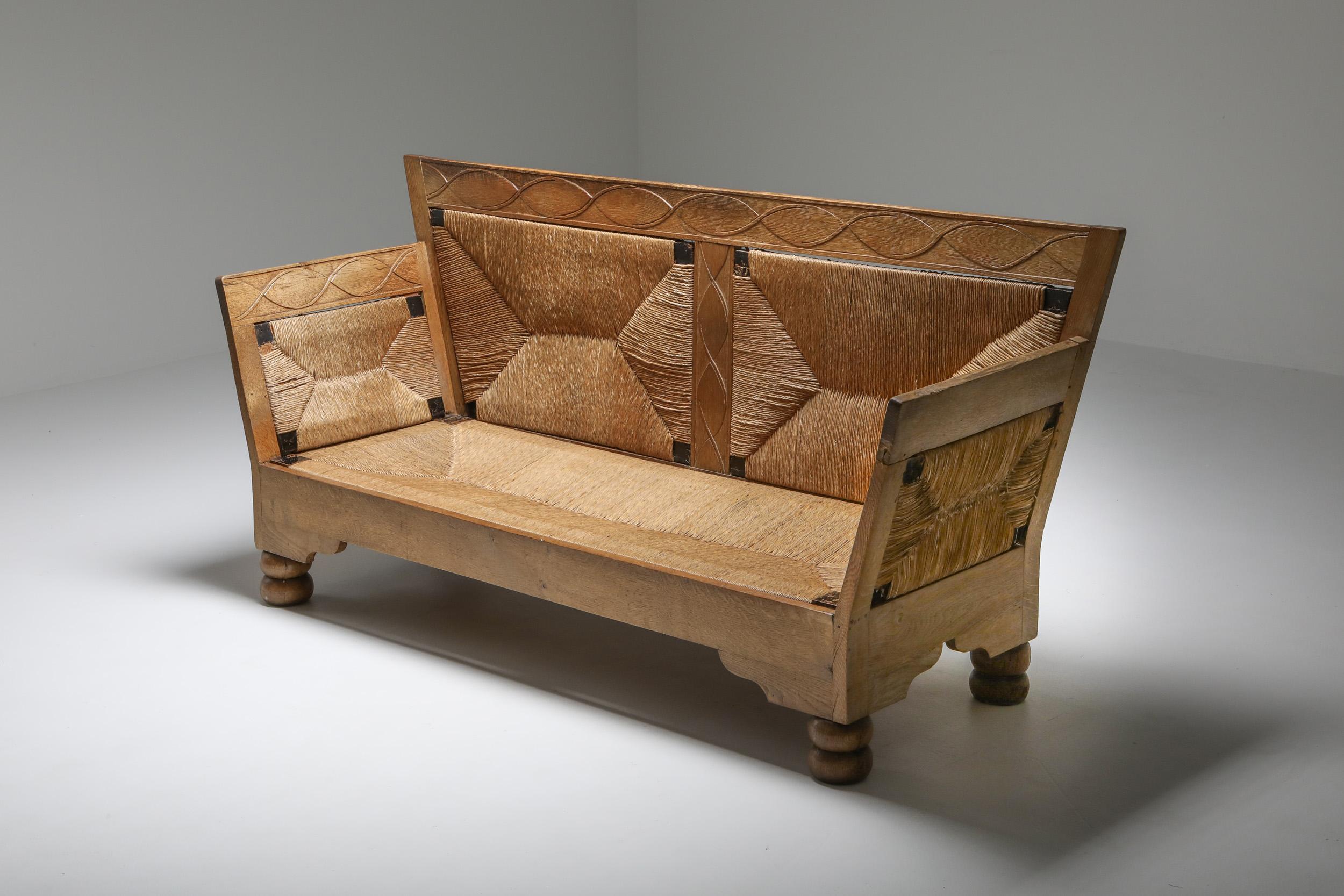 Arts and Crafts Scandinavian Arts & Crafts Sofa Bench in Oak and Straw